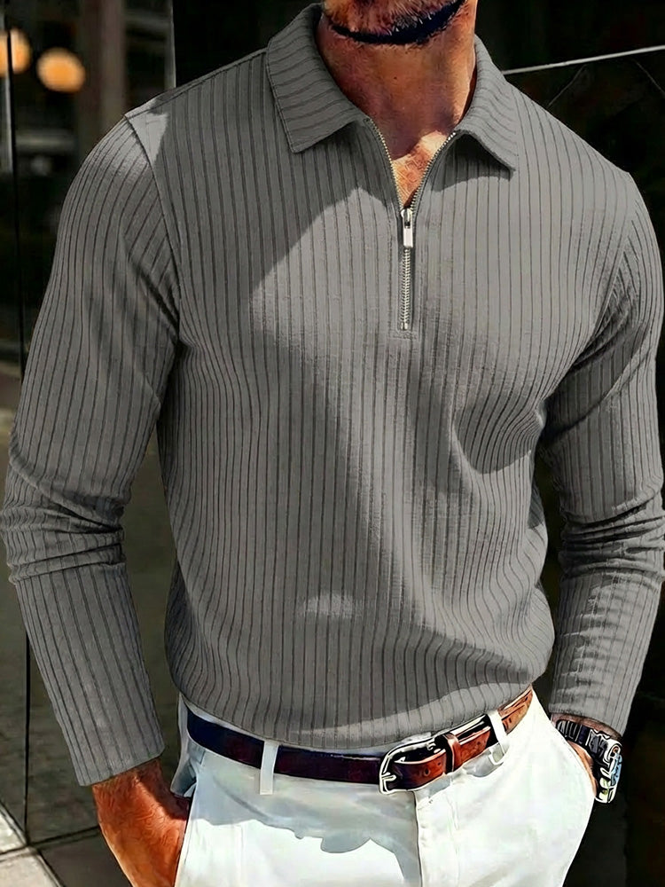 Long Sleeve Quarter Zip Ribbed Polo Shirt - Gray