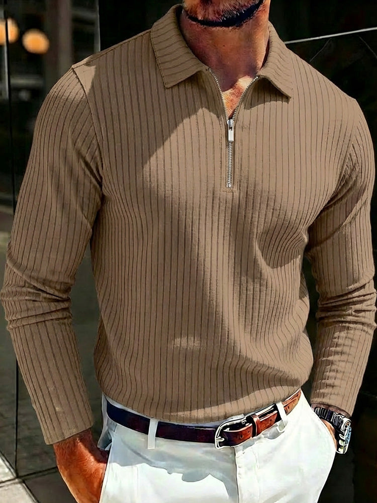 Long Sleeve Quarter Zip Ribbed Polo Shirt - Khaki