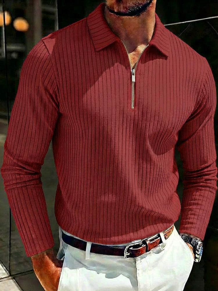 Long Sleeve Quarter Zip Ribbed Polo Shirt - Red