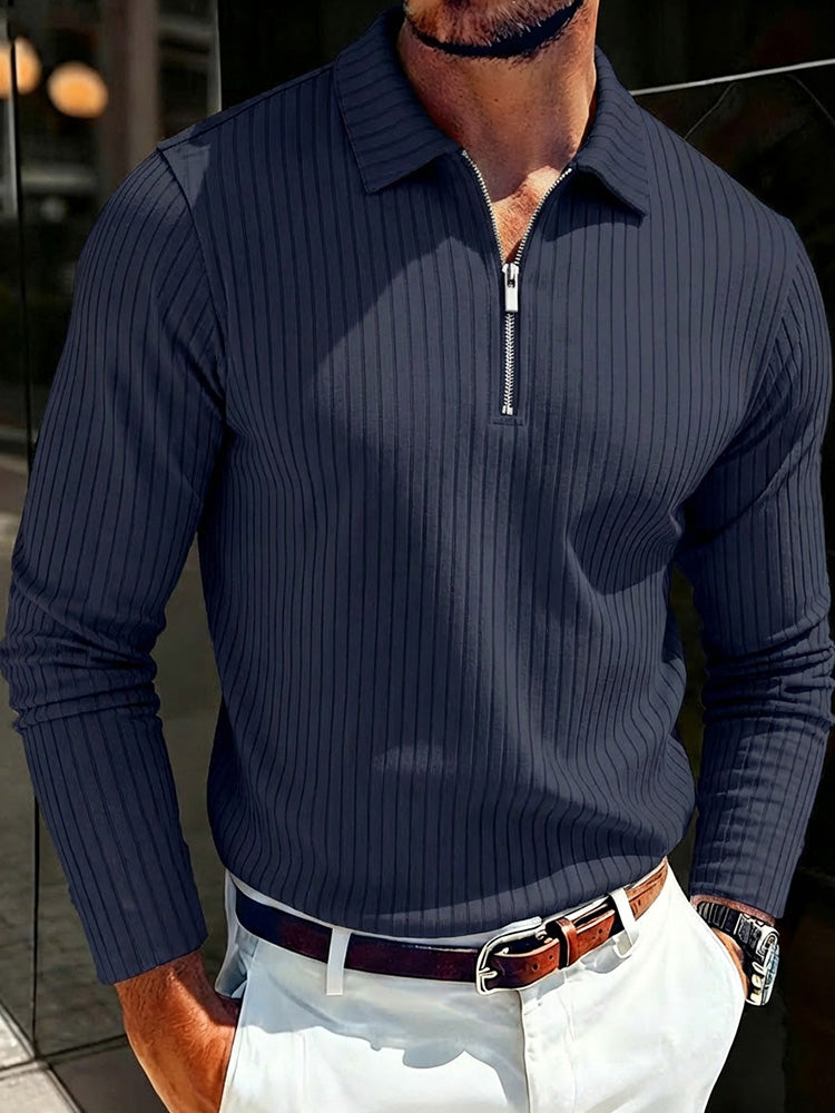 Long Sleeve Quarter Zip Ribbed Polo Shirt - Navy Blue