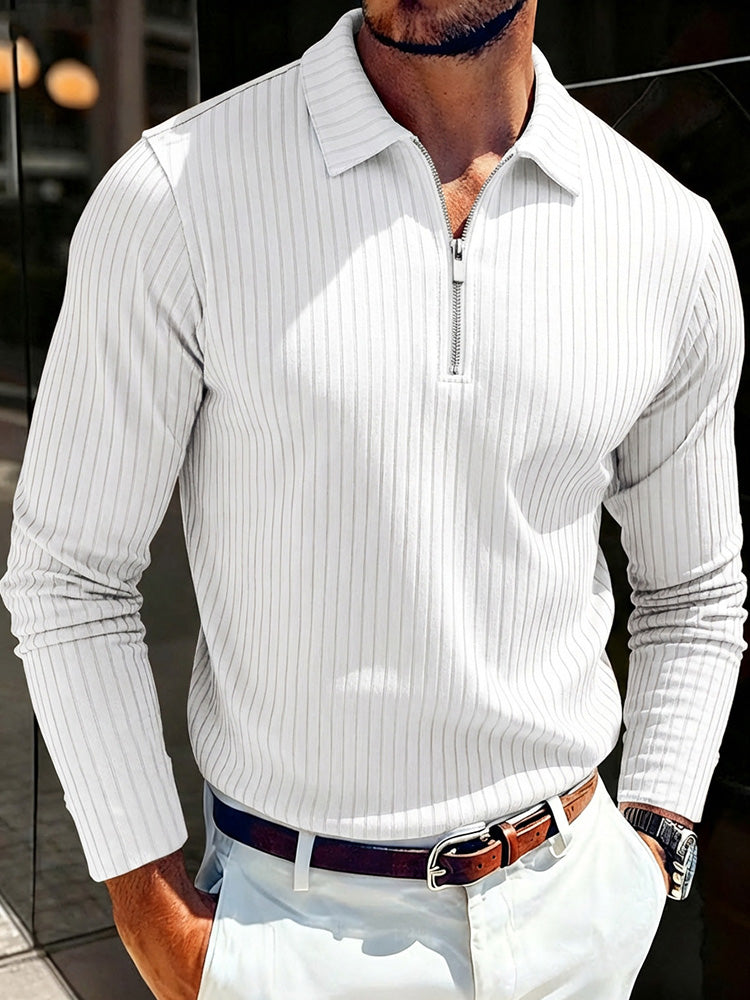 Long Sleeve Quarter Zip Ribbed Polo Shirt - White