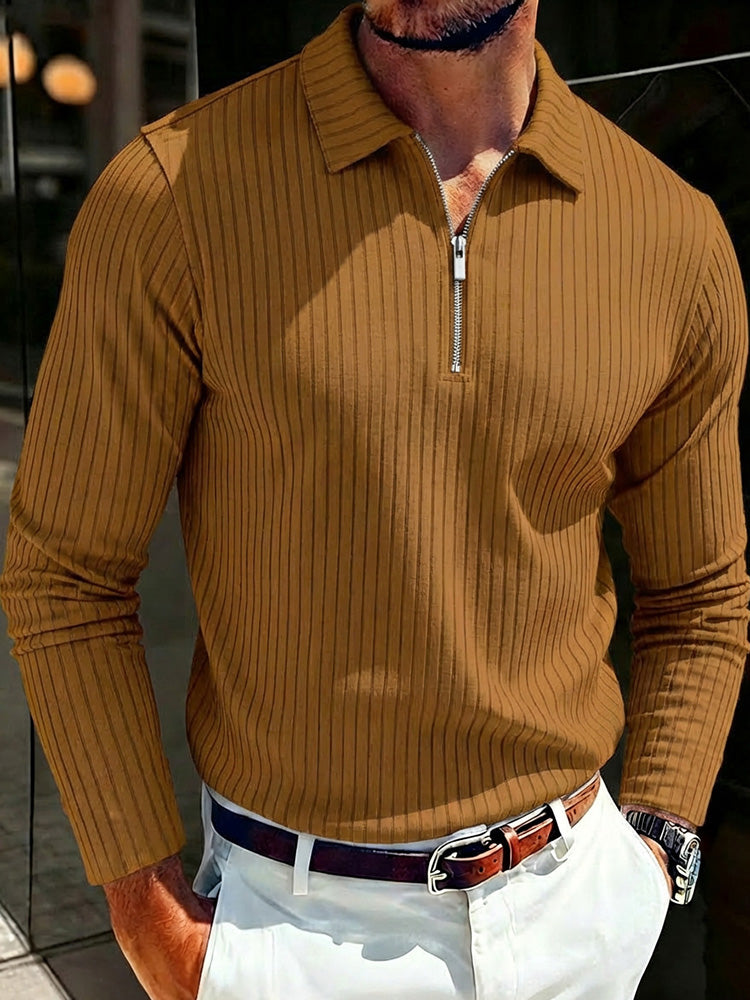 Long Sleeve Quarter Zip Ribbed Polo Shirt - Yellow