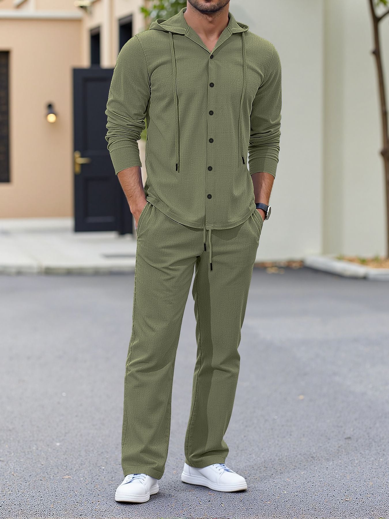 Hooded Button-Down Crinkle 2-Piece Set - Army Green