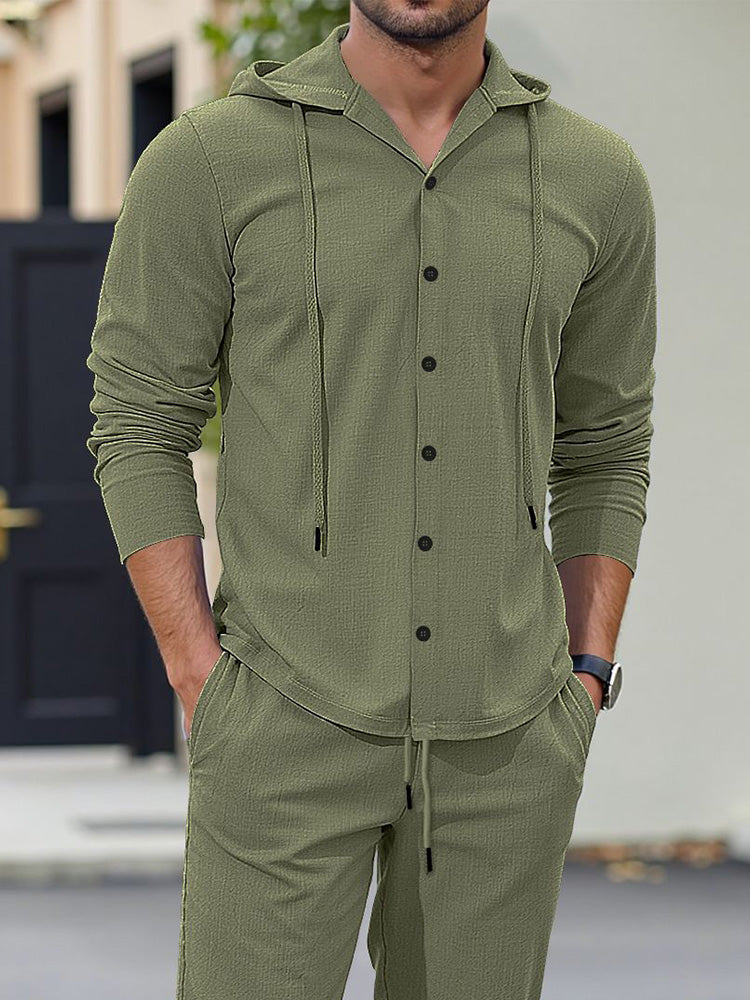 Hooded Button-Down Crinkle 2-Piece Set - Army Green