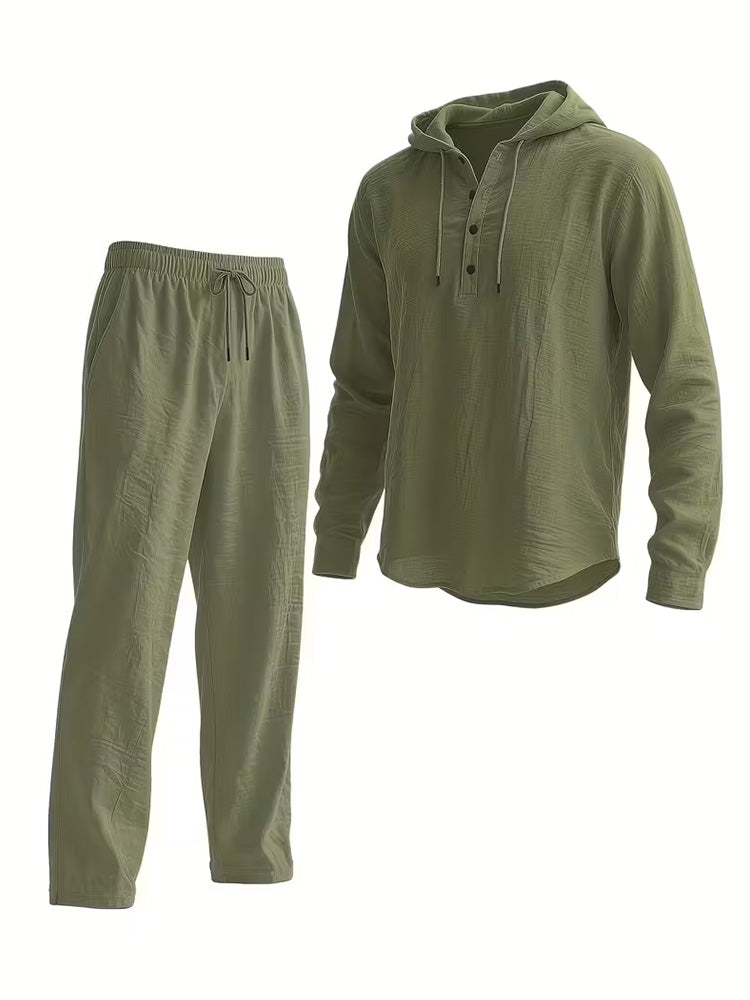Hooded Button-Down Crinkle 2-Piece Set - Army Green