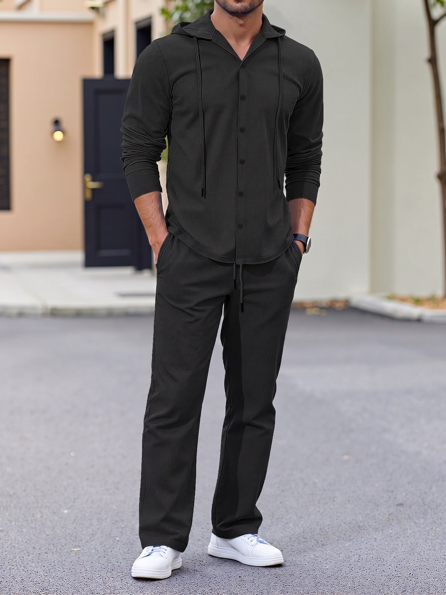 Hooded Button-Down Crinkle 2-Piece Set - Black