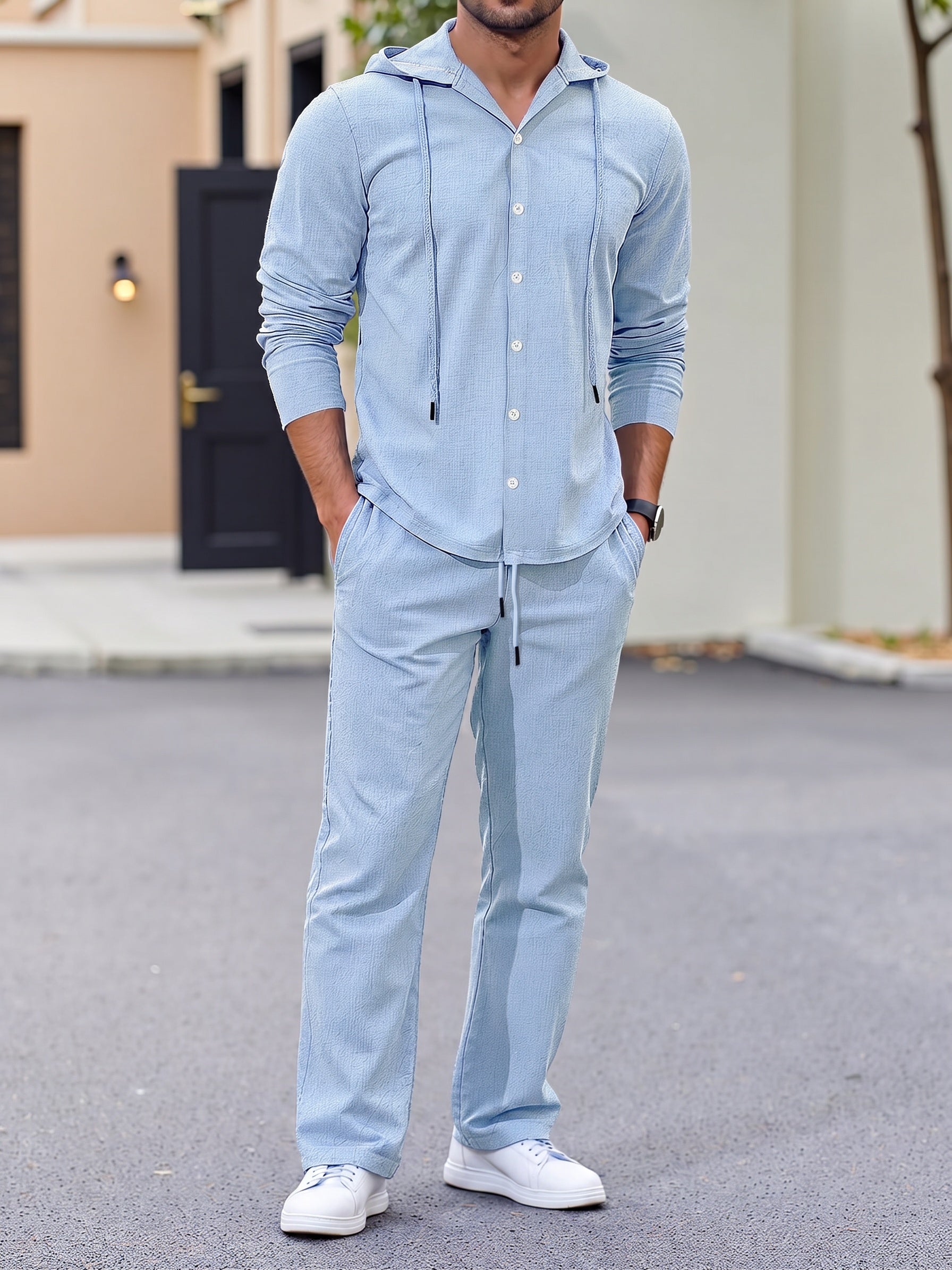 Hooded Button-Down Crinkle 2-Piece Set - Light Blue