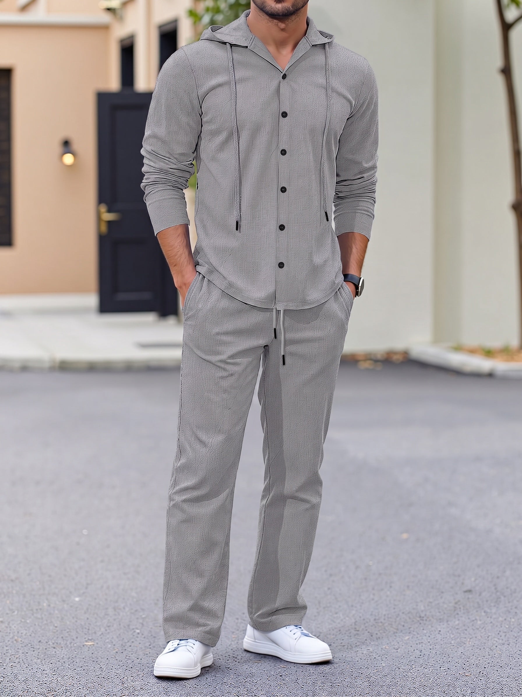 Hooded Button-Down Crinkle 2-Piece Set - Gray