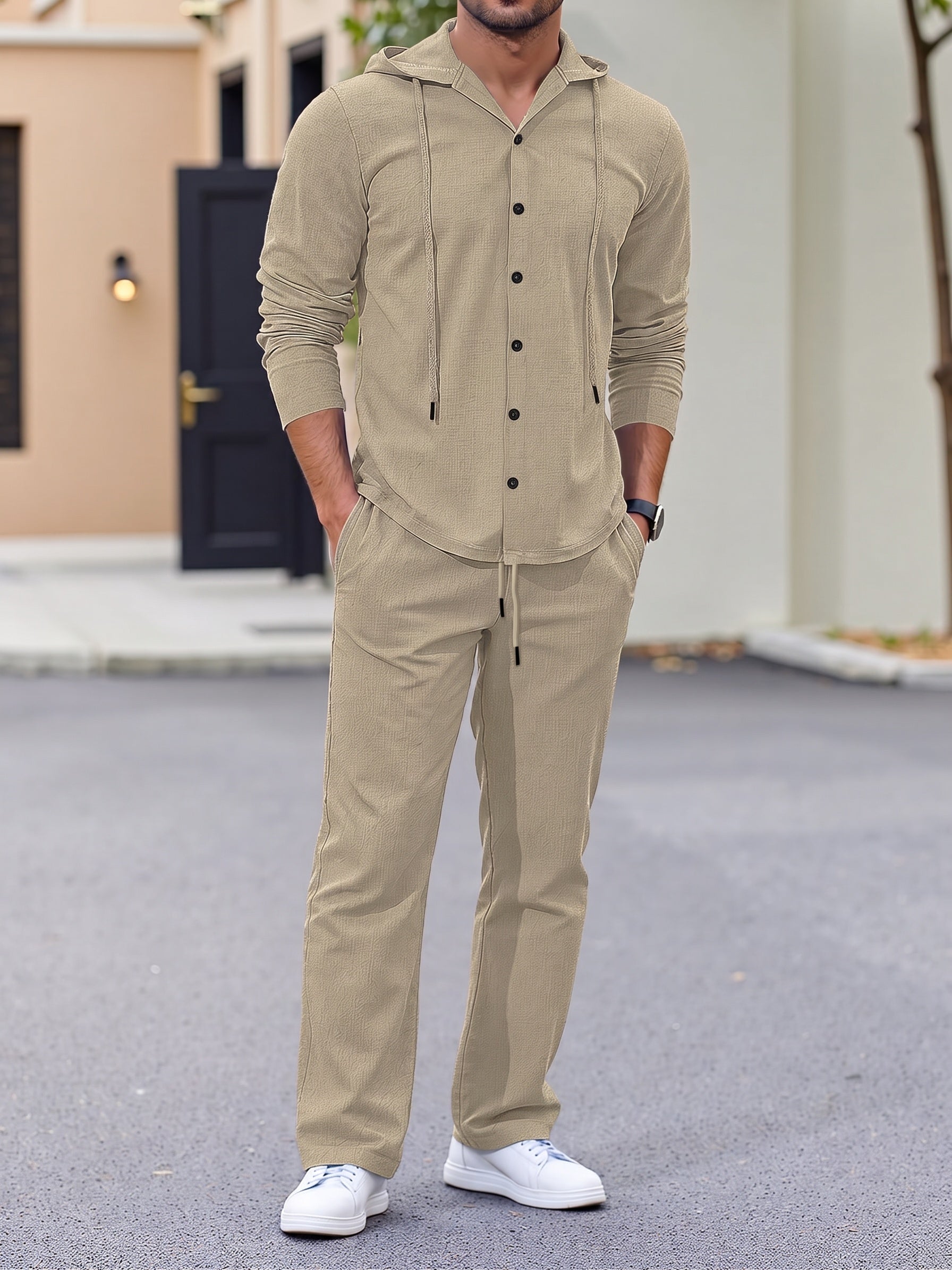 Hooded Button-Down Crinkle 2-Piece Set - Khaki