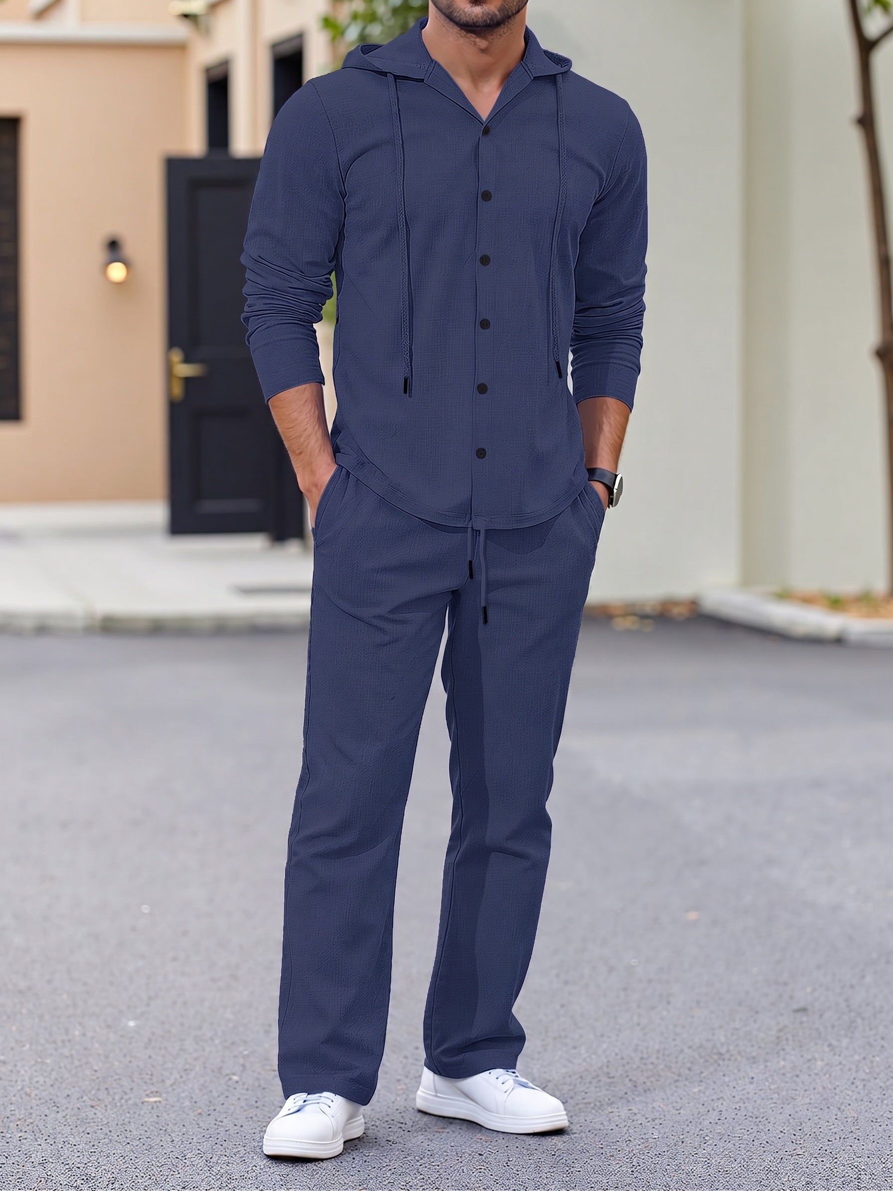 Hooded Button-Down Crinkle 2-Piece Set - Navy Blue