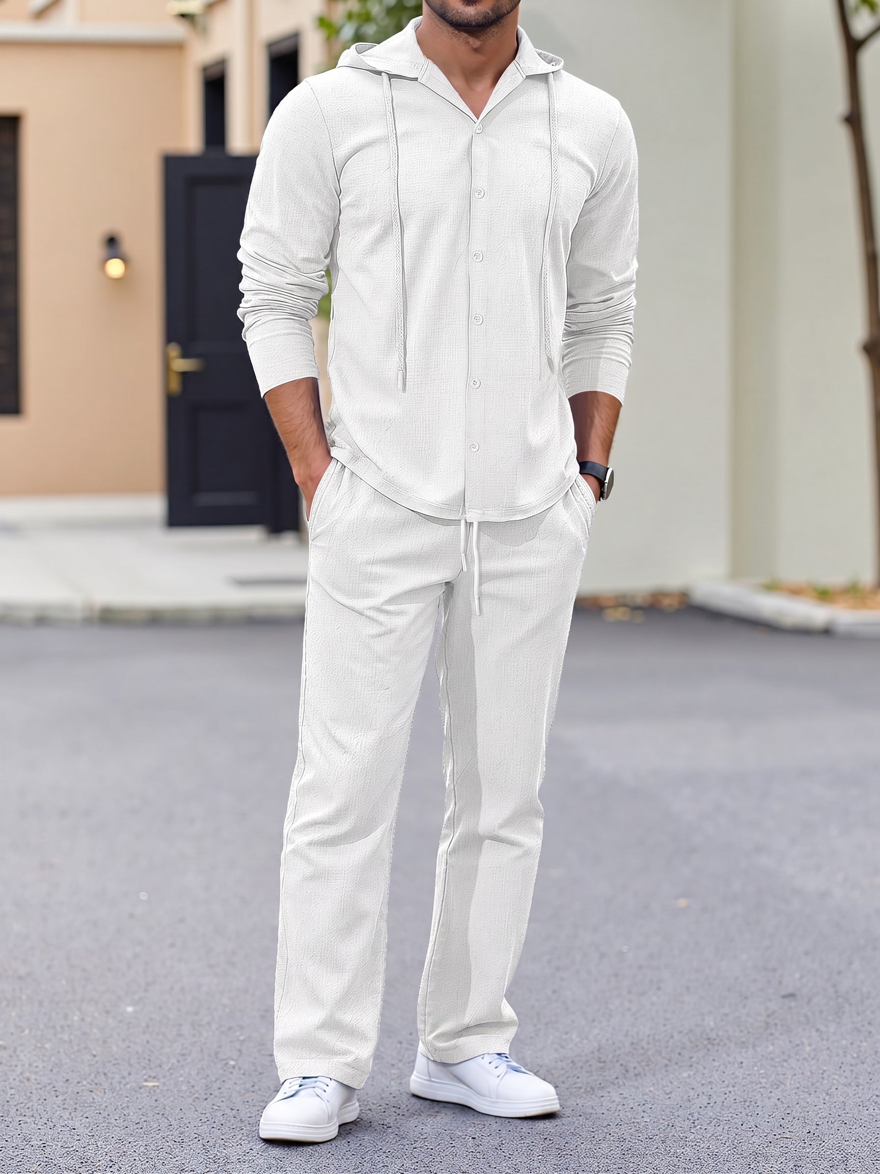 Hooded Button-Down Crinkle 2-Piece Set - White