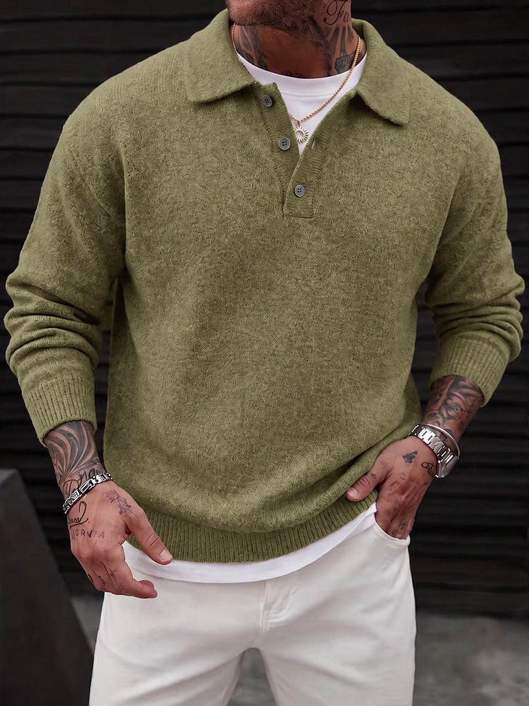 Lapel Polo Pullover Sweater Loose Fit - Olive Green
