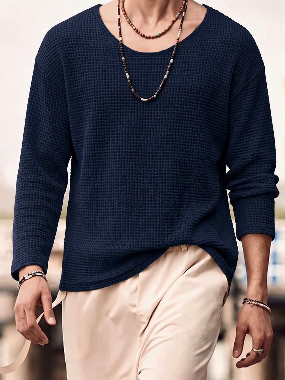 Waffle Knit Deep U-Neck Drop Shoulder Pullover Shirt - Navy Blue
