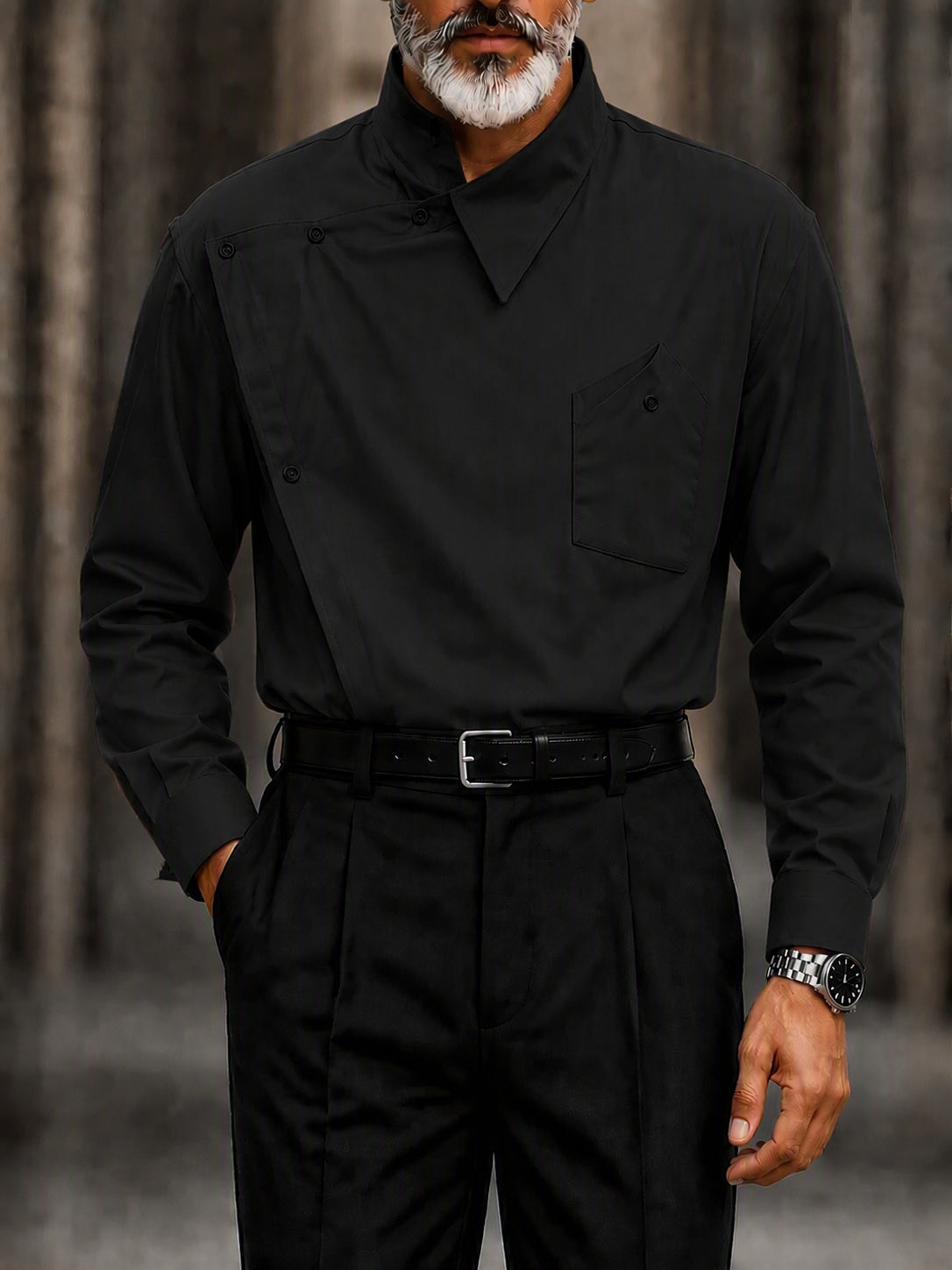 Avant-Garde Asymmetrical Collar Diagonal Placket Shirt - Black