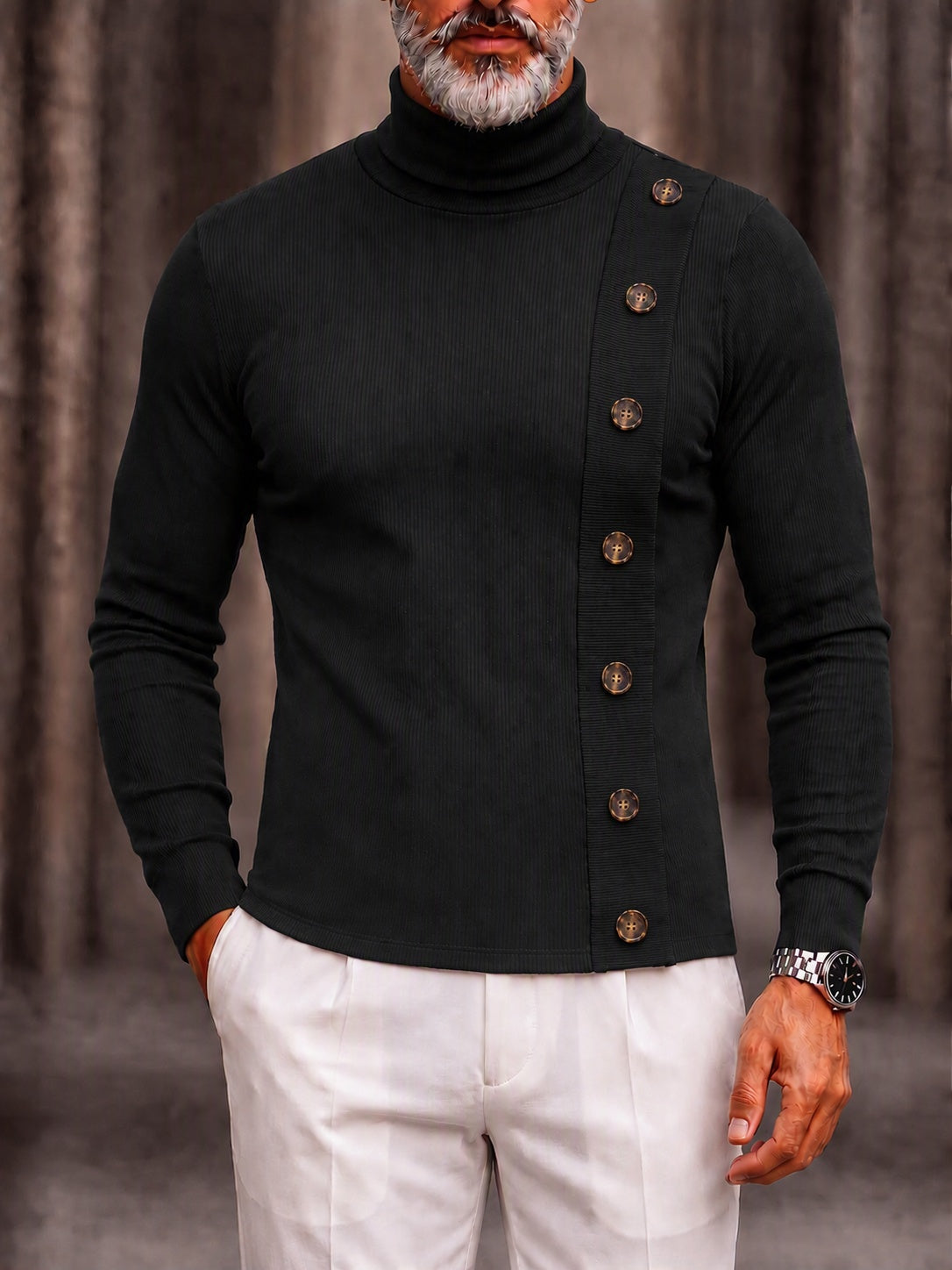 Decorative Buttons Ribbed Knit Turtleneck Sweater - Black