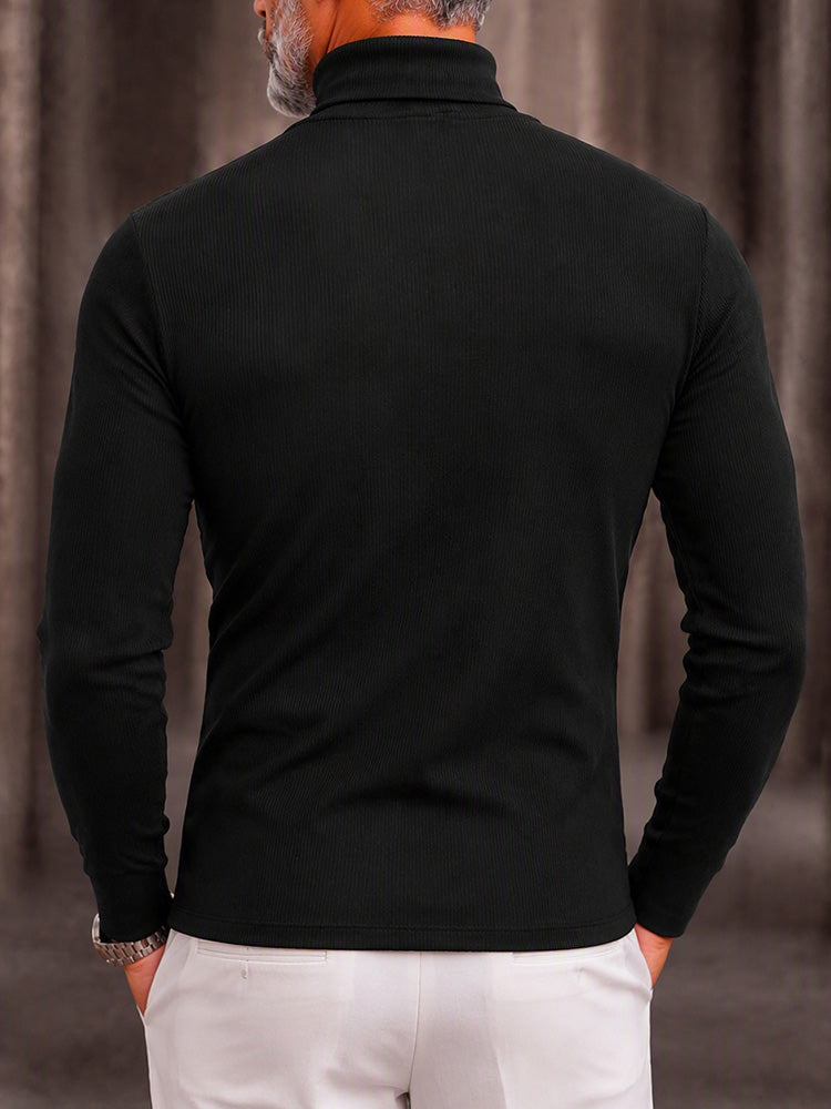 Decorative Buttons Ribbed Knit Turtleneck Sweater - Black