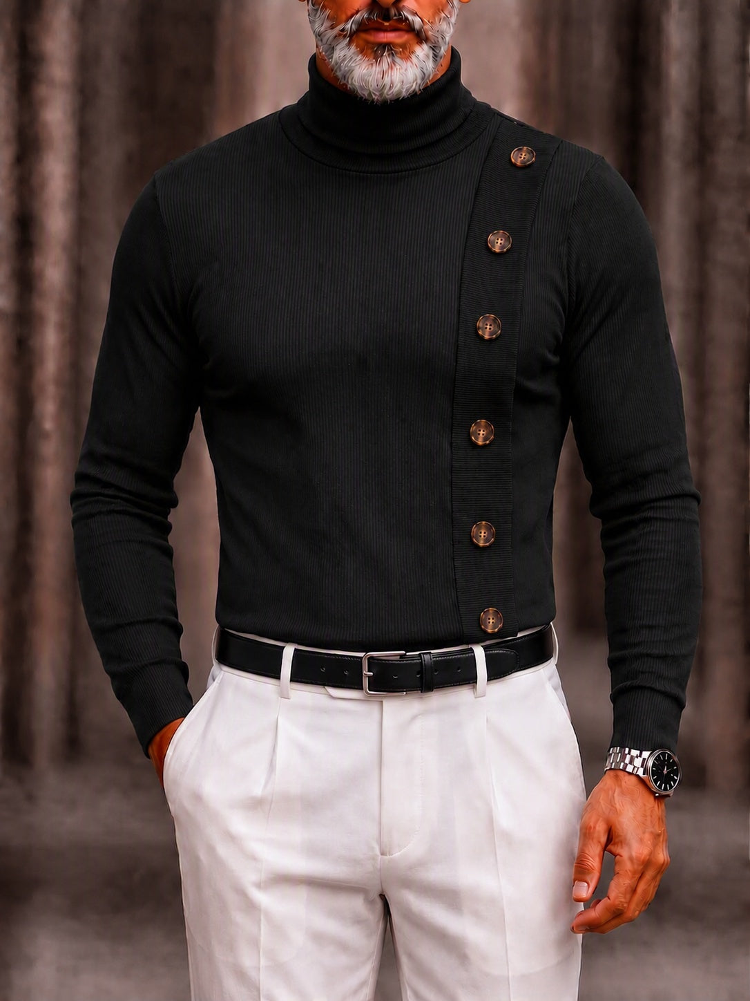 Decorative Buttons Ribbed Knit Turtleneck Sweater - Black