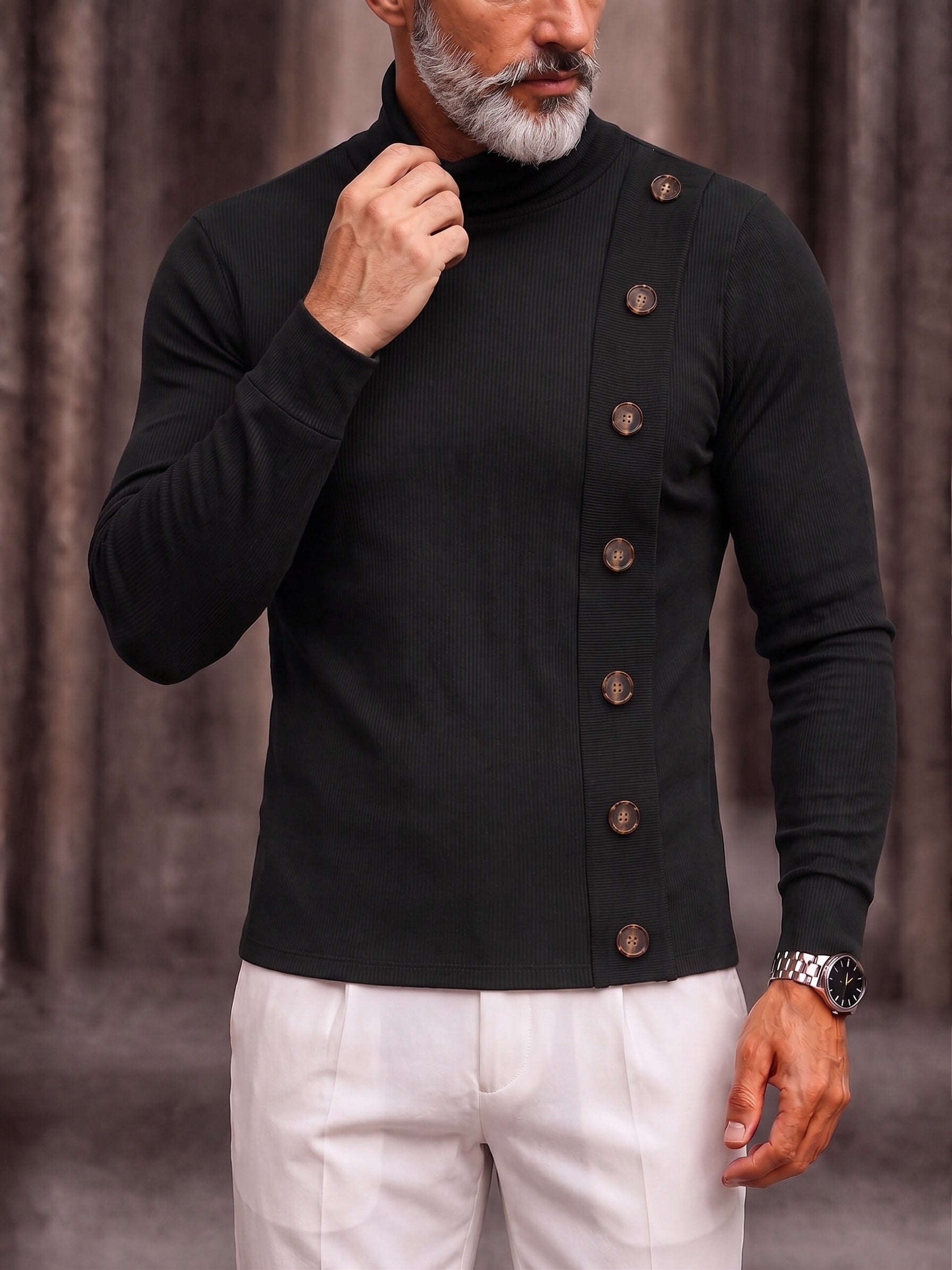 Decorative Buttons Ribbed Knit Turtleneck Sweater - Black