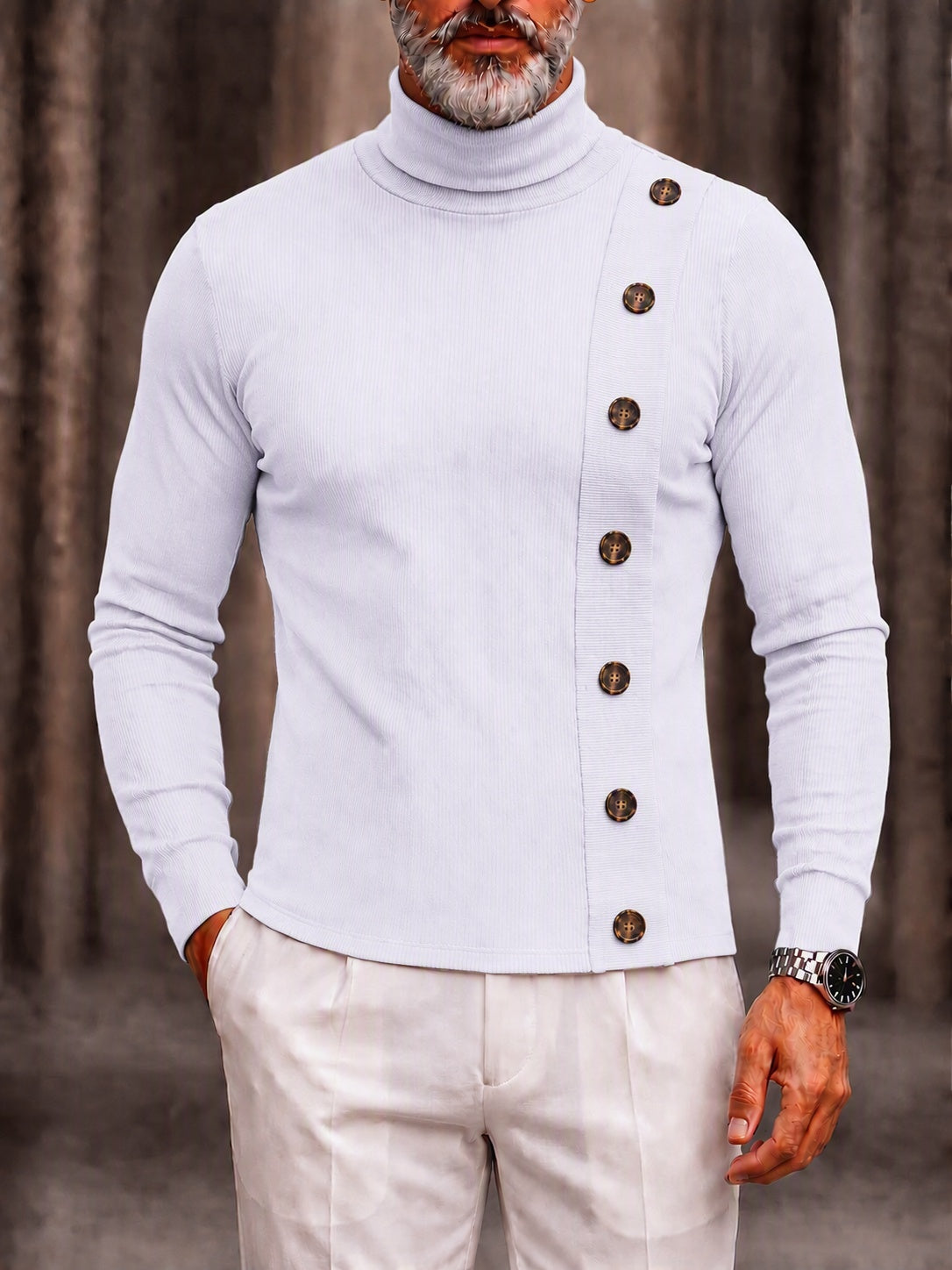 Decorative Buttons Ribbed Knit Turtleneck Sweater - White