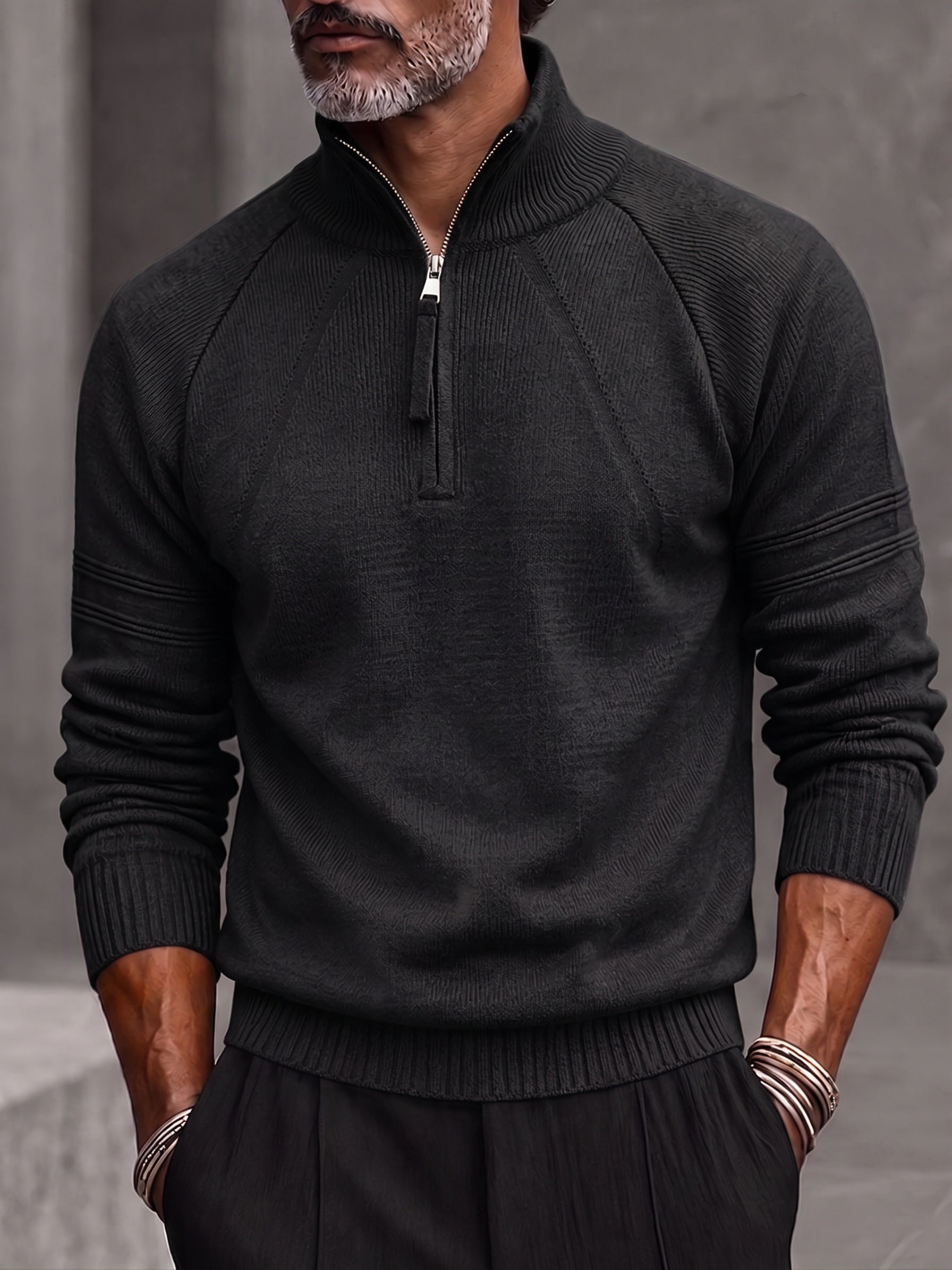 Quarter Zip Mock Neck Raglan Sleeve Knit Sweater - Black