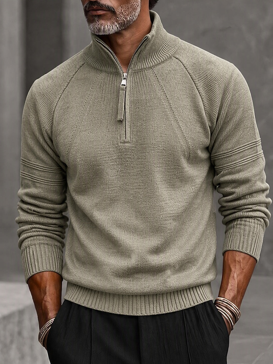 Quarter Zip Mock Neck Raglan Sleeve Knit Sweater - Green