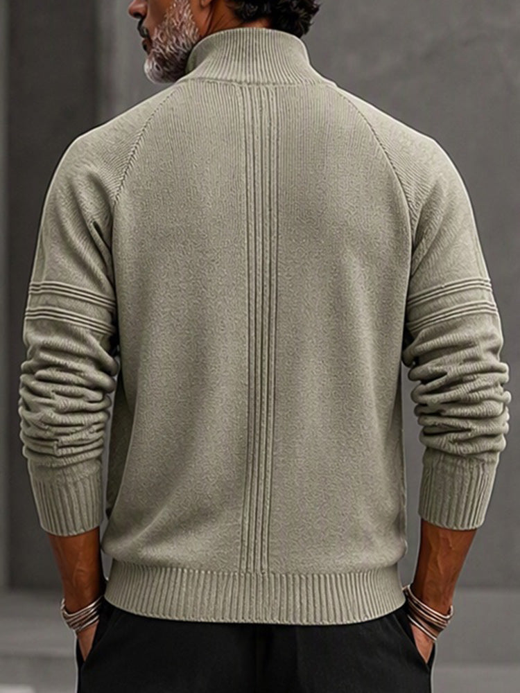Quarter Zip Mock Neck Raglan Sleeve Knit Sweater - Green