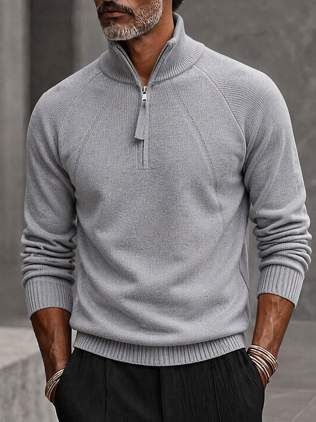 Quarter Zip Mock Neck Raglan Sleeve Knit Sweater - Light Gray