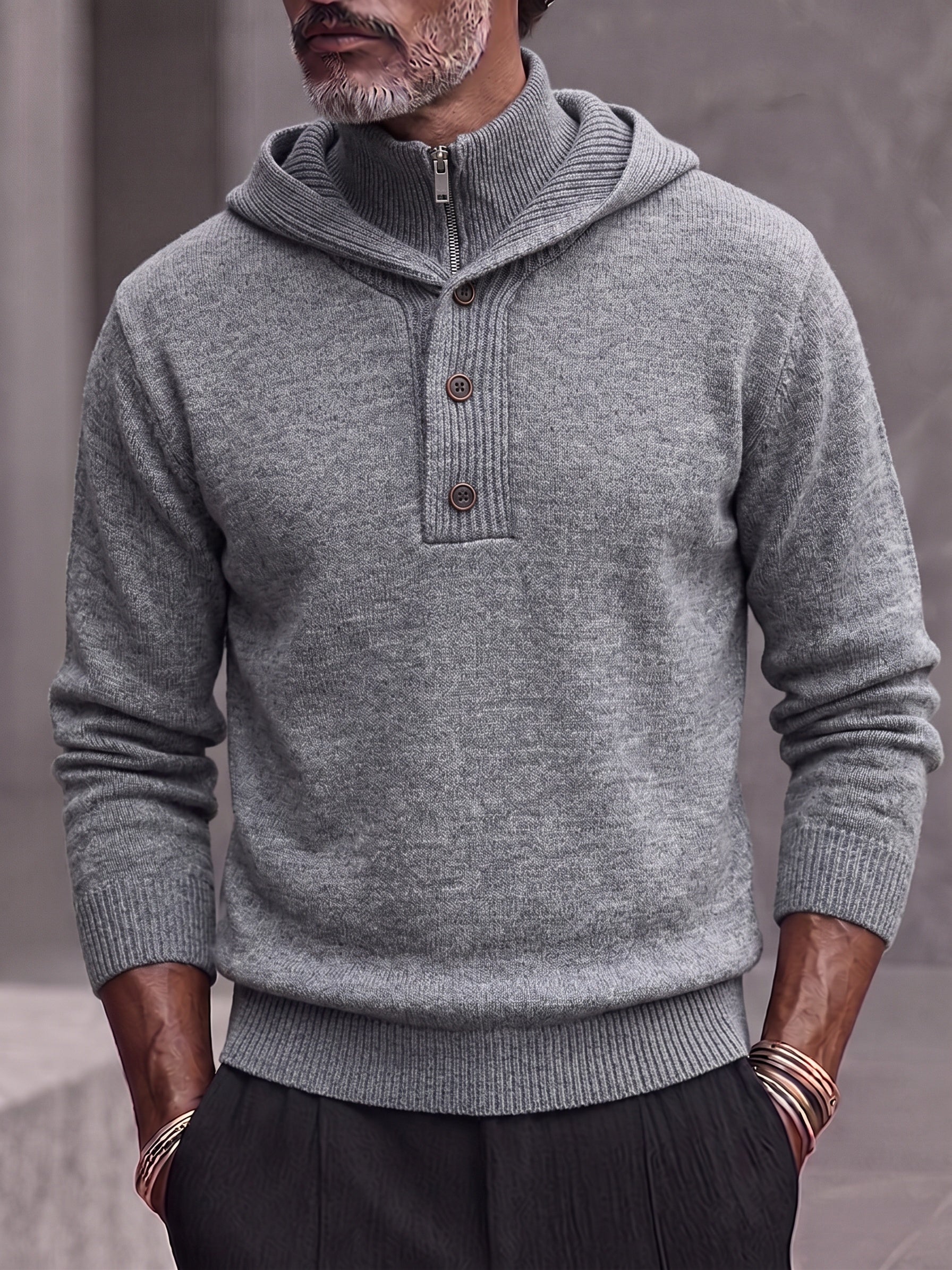Double Collar Quarter-Zip Button Hooded Knit Pullover Sweater - Light Gray