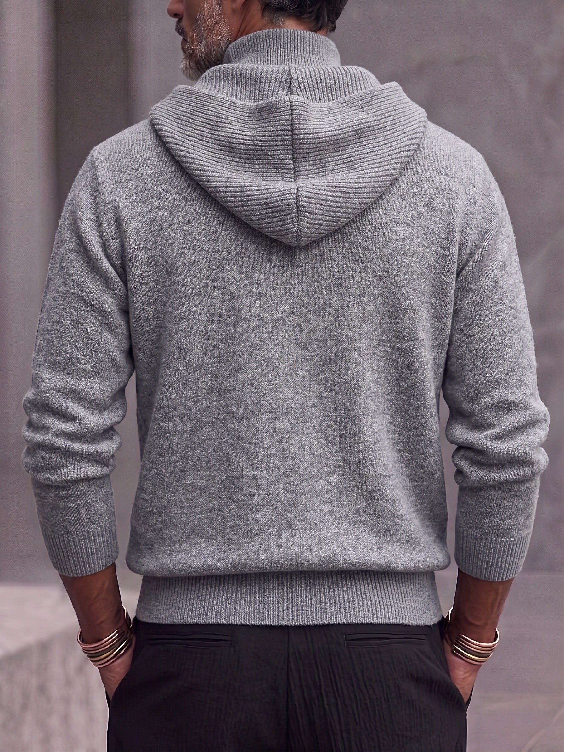 Double Collar Quarter-Zip Button Hooded Knit Pullover Sweater - Light Gray