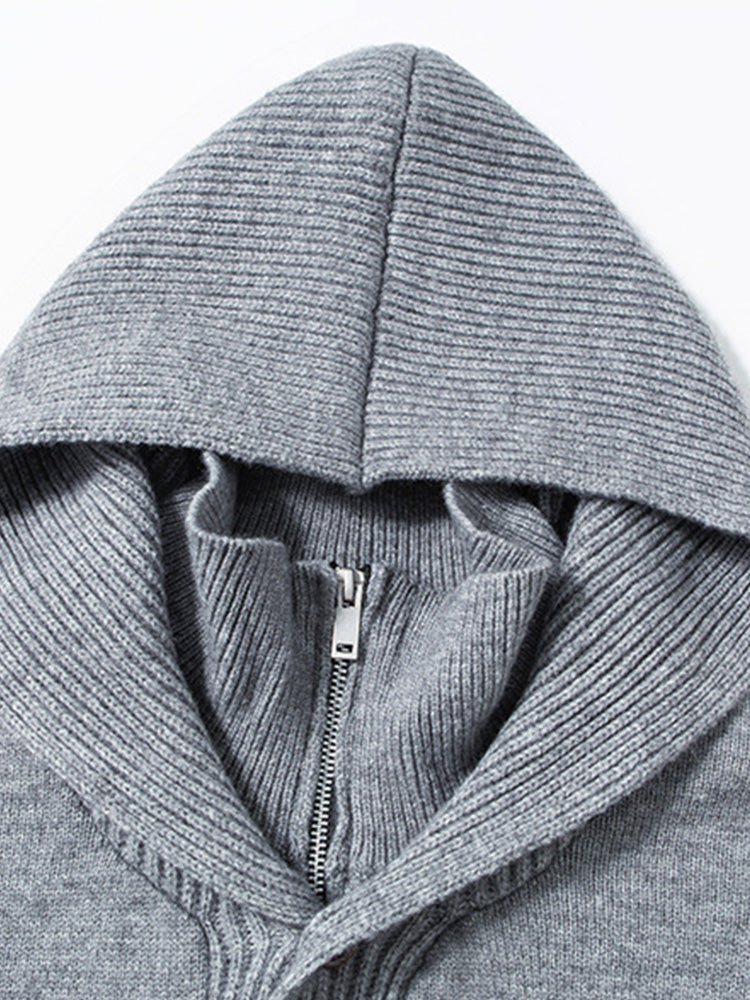 Double Collar Quarter-Zip Button Hooded Knit Pullover Sweater - Light Gray