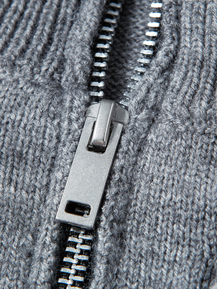 Double Collar Quarter-Zip Button Hooded Knit Pullover Sweater - Light Gray