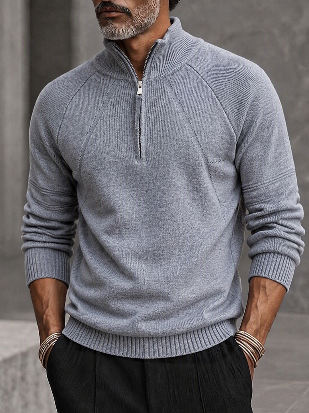 Quarter Zip Mock Neck Raglan Sleeve Knit Sweater - Medium Gray