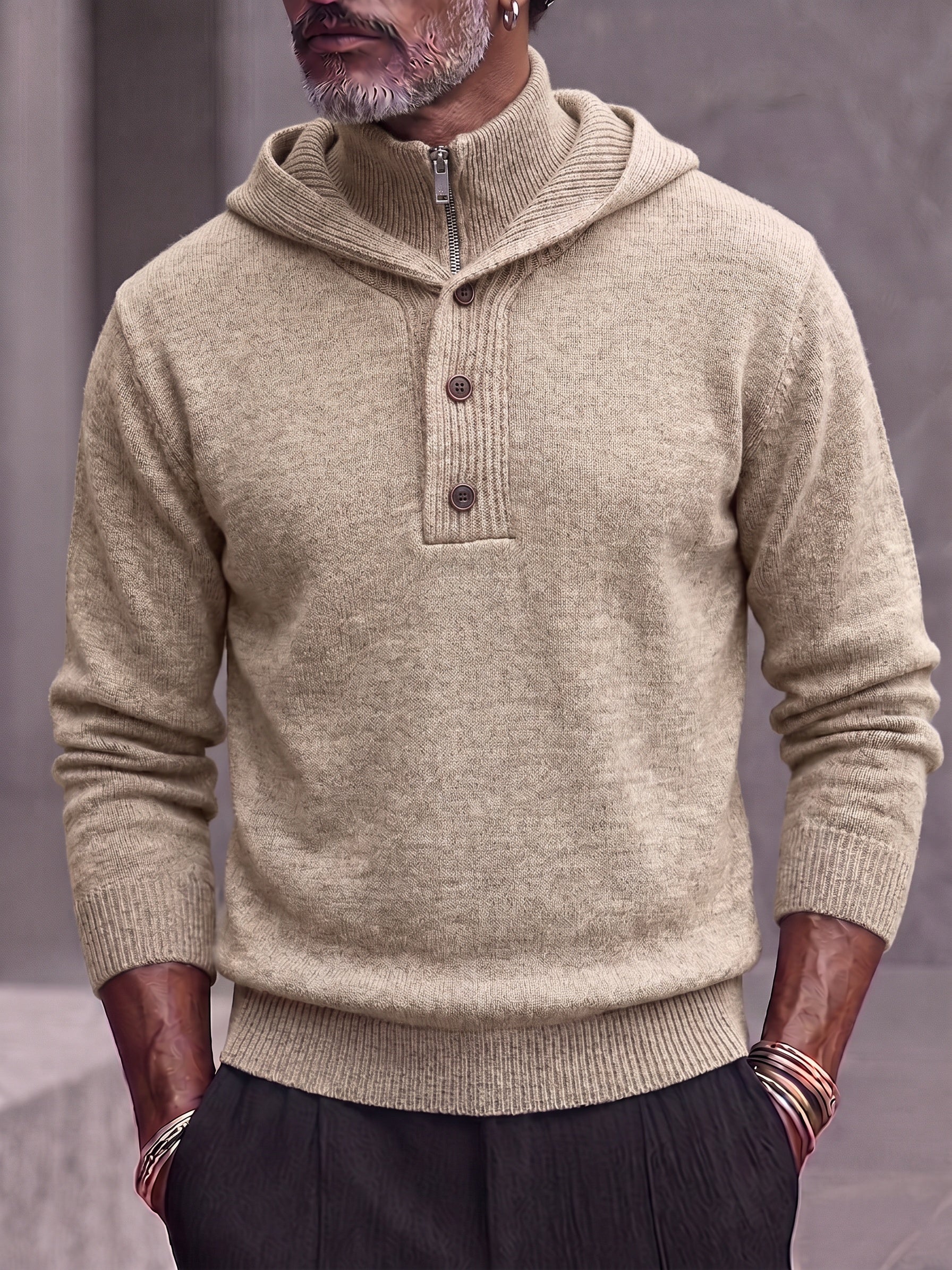 Double Collar Quarter-Zip Button Hooded Knit Pullover Sweater - Apricot