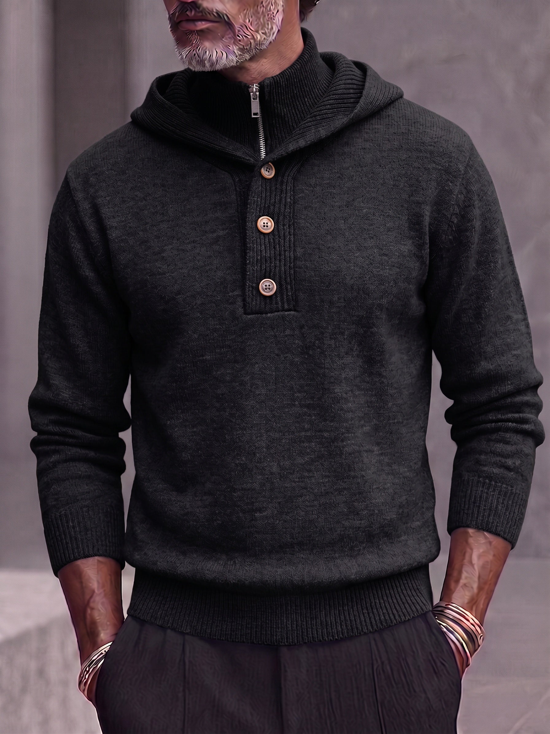 Double Collar Quarter-Zip Button Hooded Knit Pullover Sweater - Black