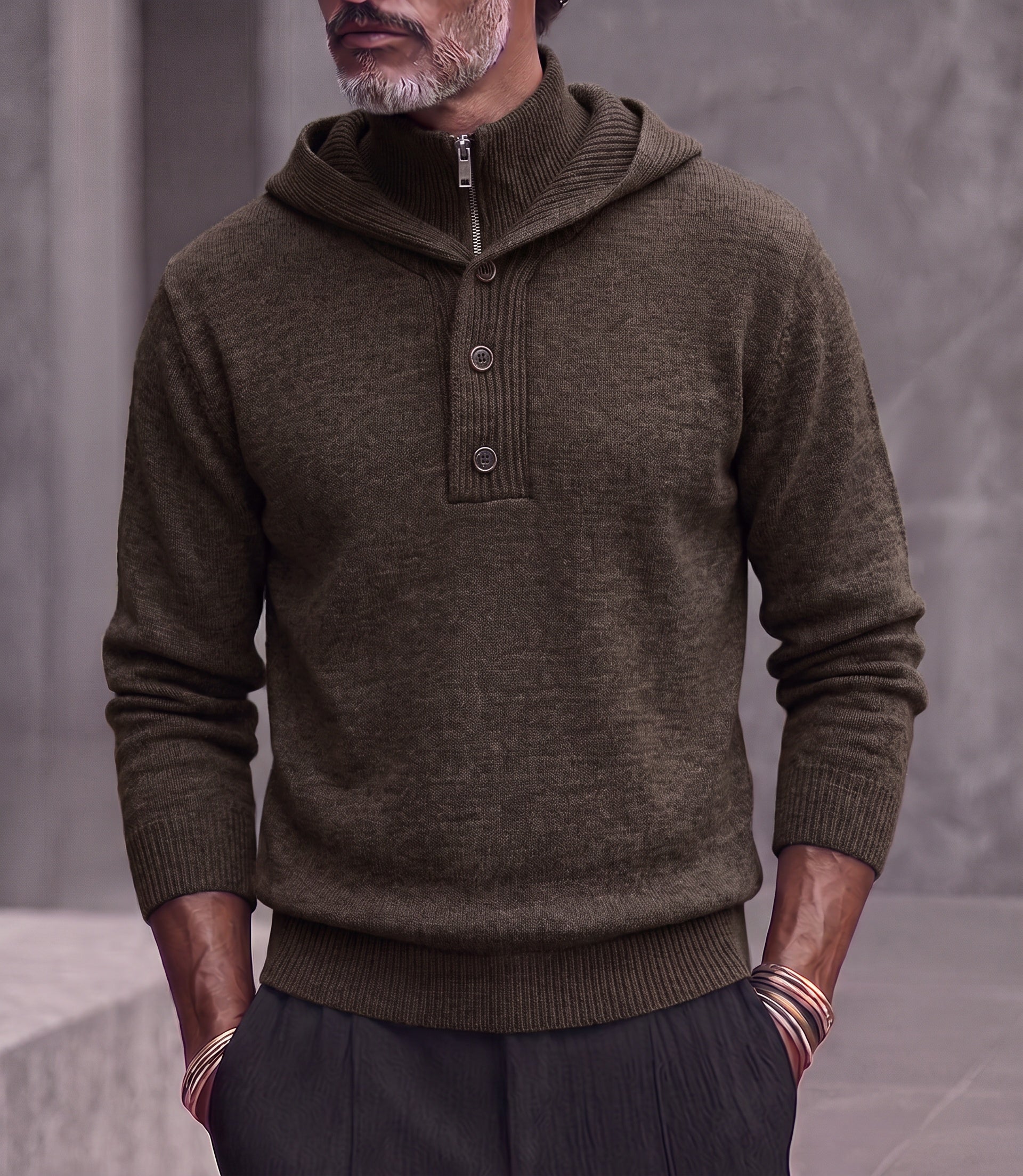 Double Collar Quarter-Zip Button Hooded Knit Pullover Sweater - Coffee