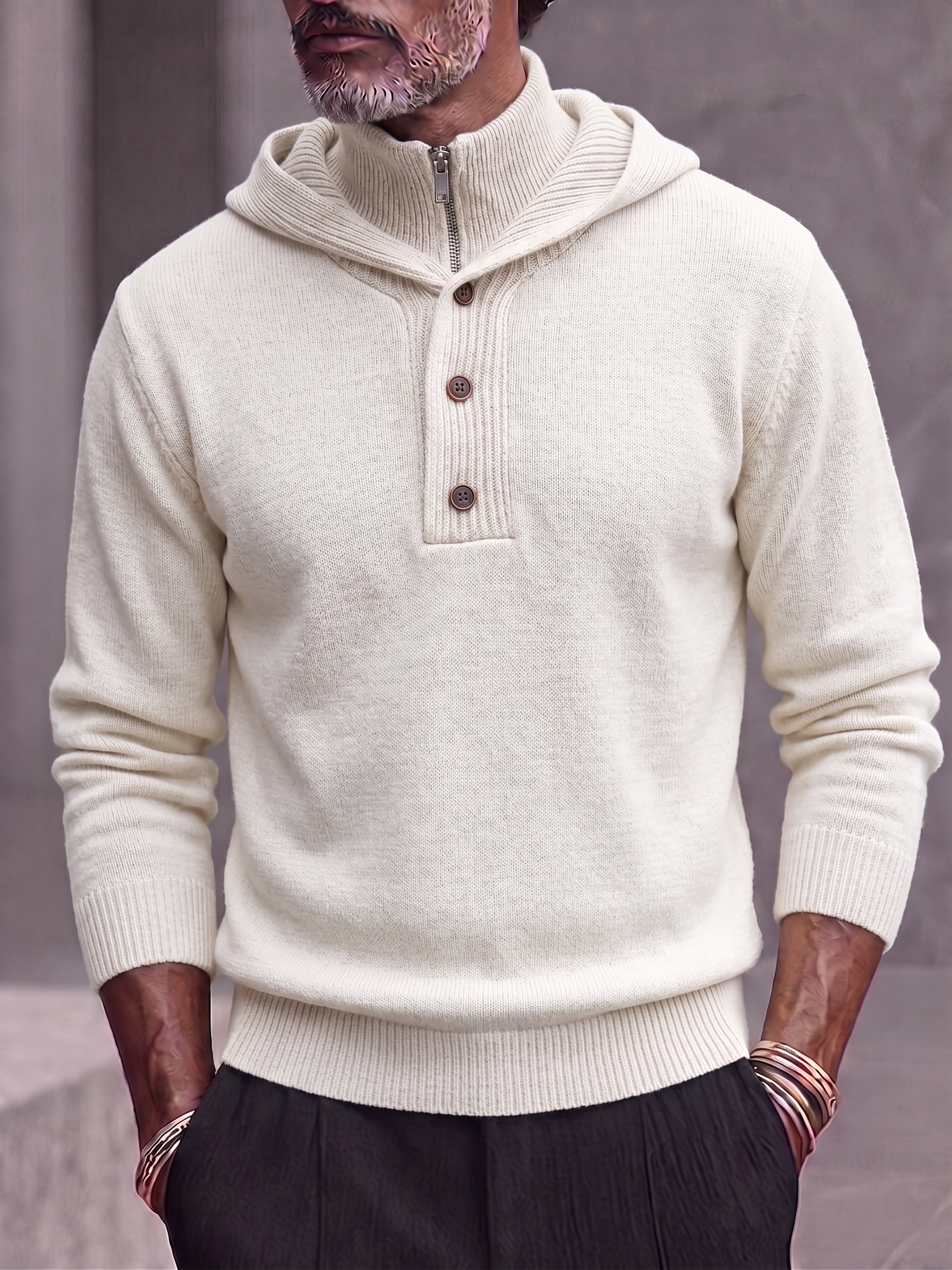Double Collar Quarter-Zip Button Hooded Knit Pullover Sweater - White