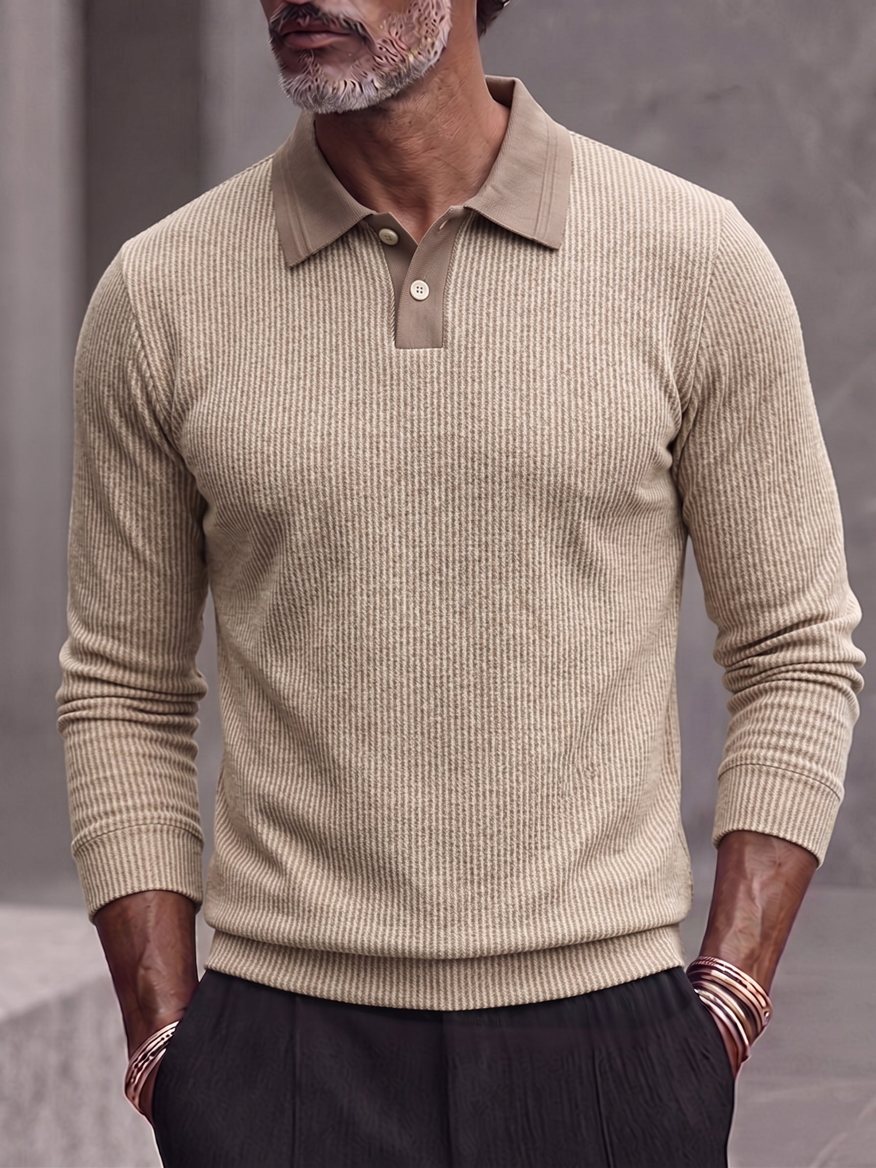 Men's Contrast Collar Ribbed Knit Long Sleeve Polo Shirt - Camel
