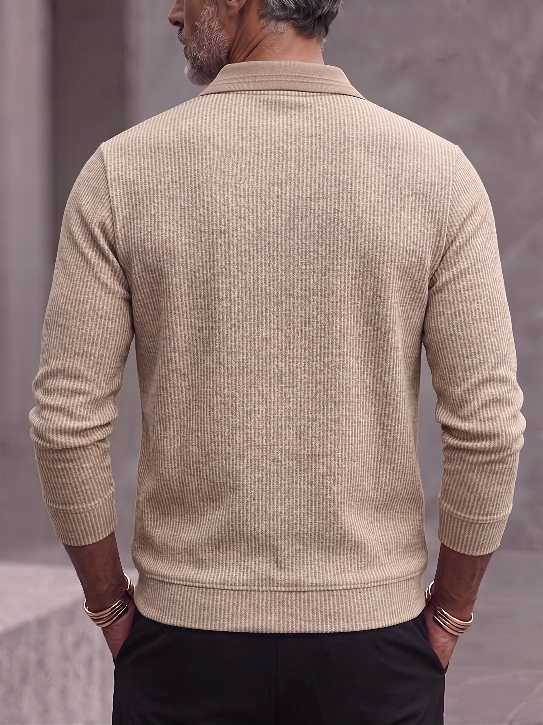 Men's Contrast Collar Ribbed Knit Long Sleeve Polo Shirt - Camel