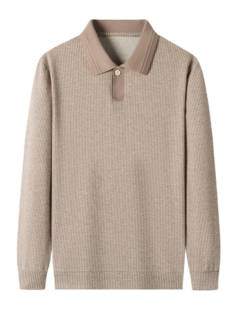 Men's Contrast Collar Ribbed Knit Long Sleeve Polo Shirt - Camel