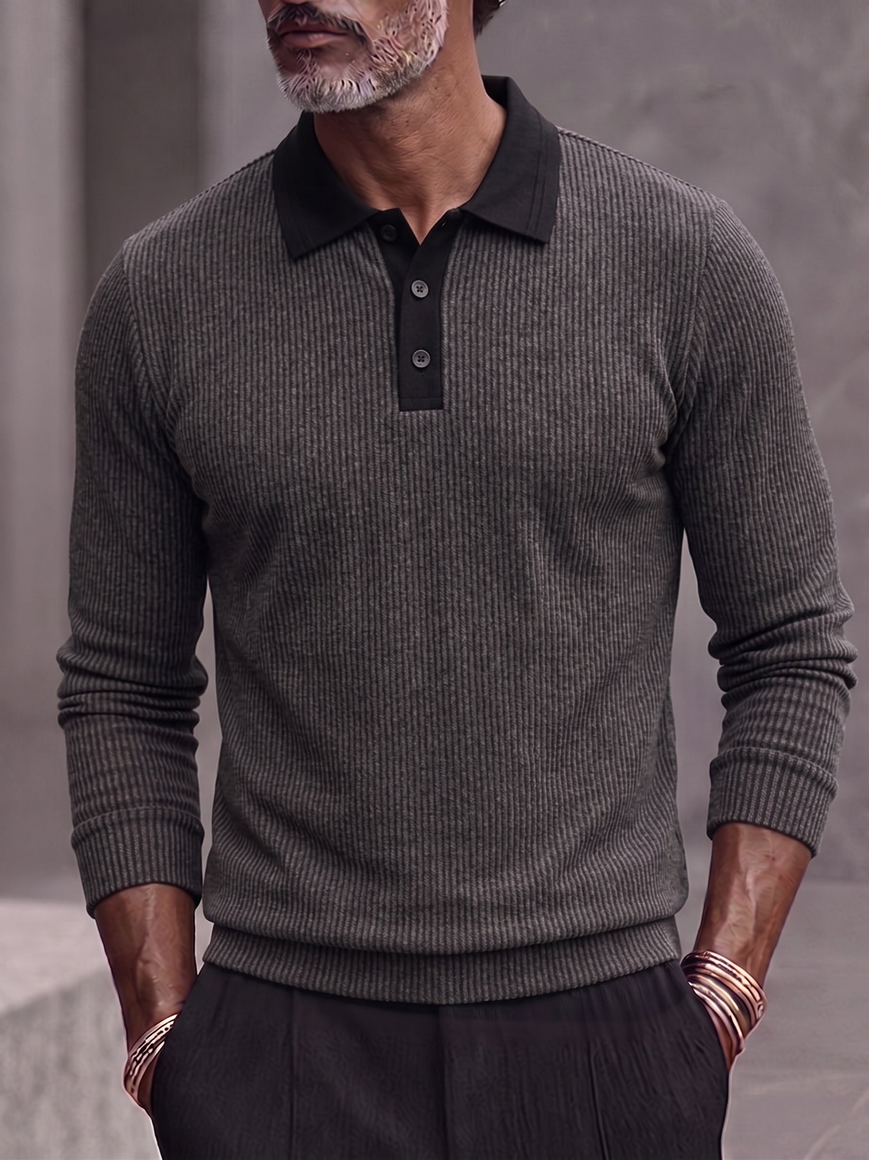 Men's Contrast Collar Ribbed Knit Long Sleeve Polo Shirt - Dark Gray
