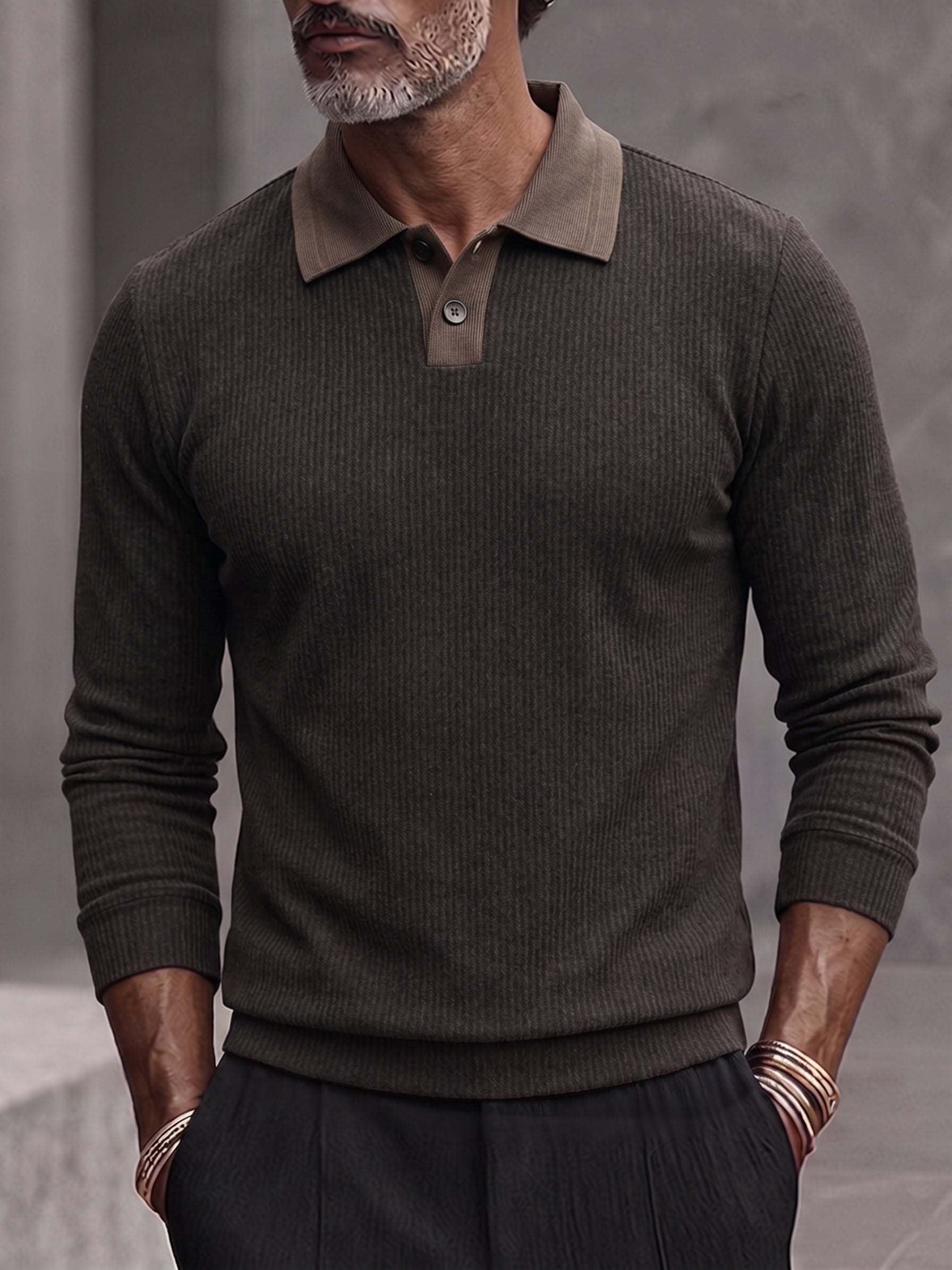 Men's Contrast Collar Ribbed Knit Long Sleeve Polo Shirt - Coffee