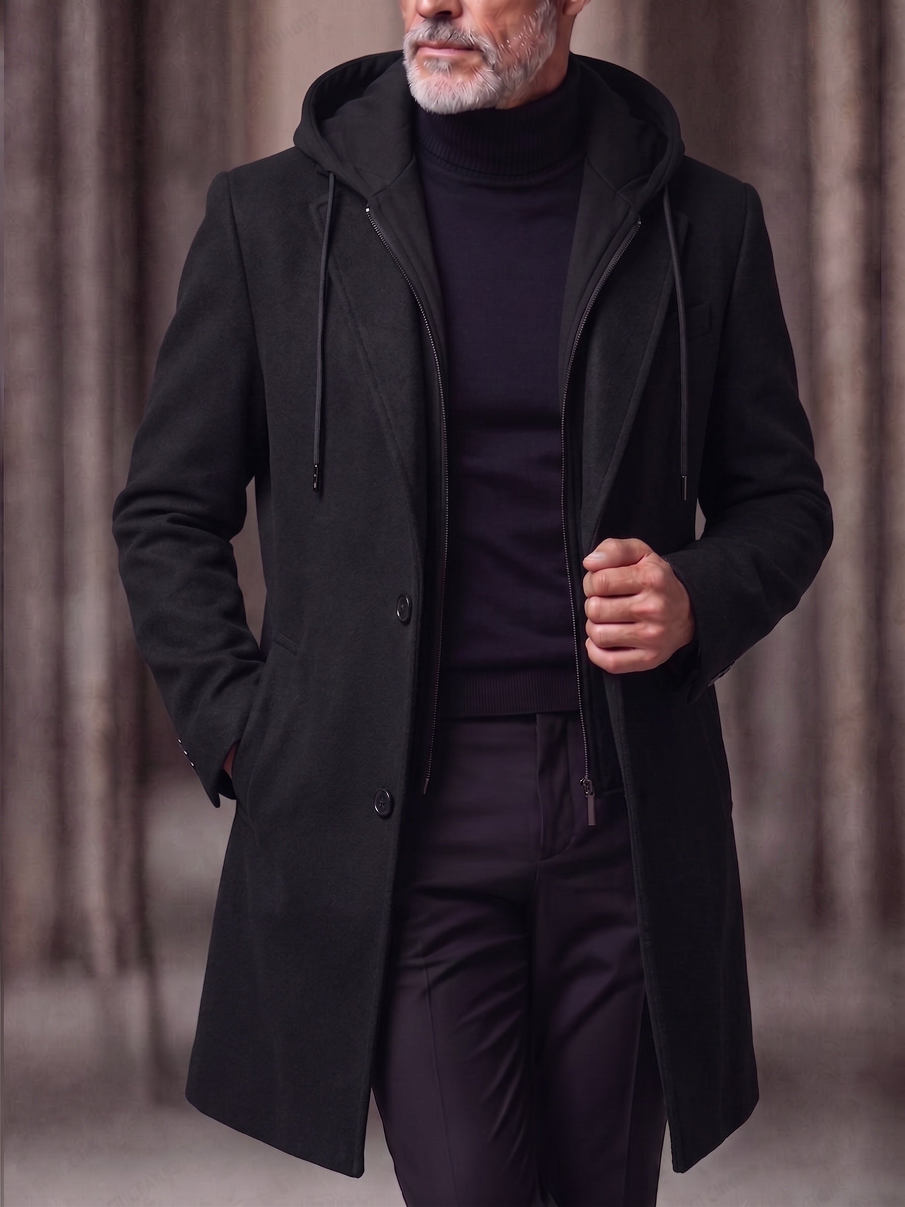 Faux Two-Piece Hooded Wool Blend Overcoat - Black