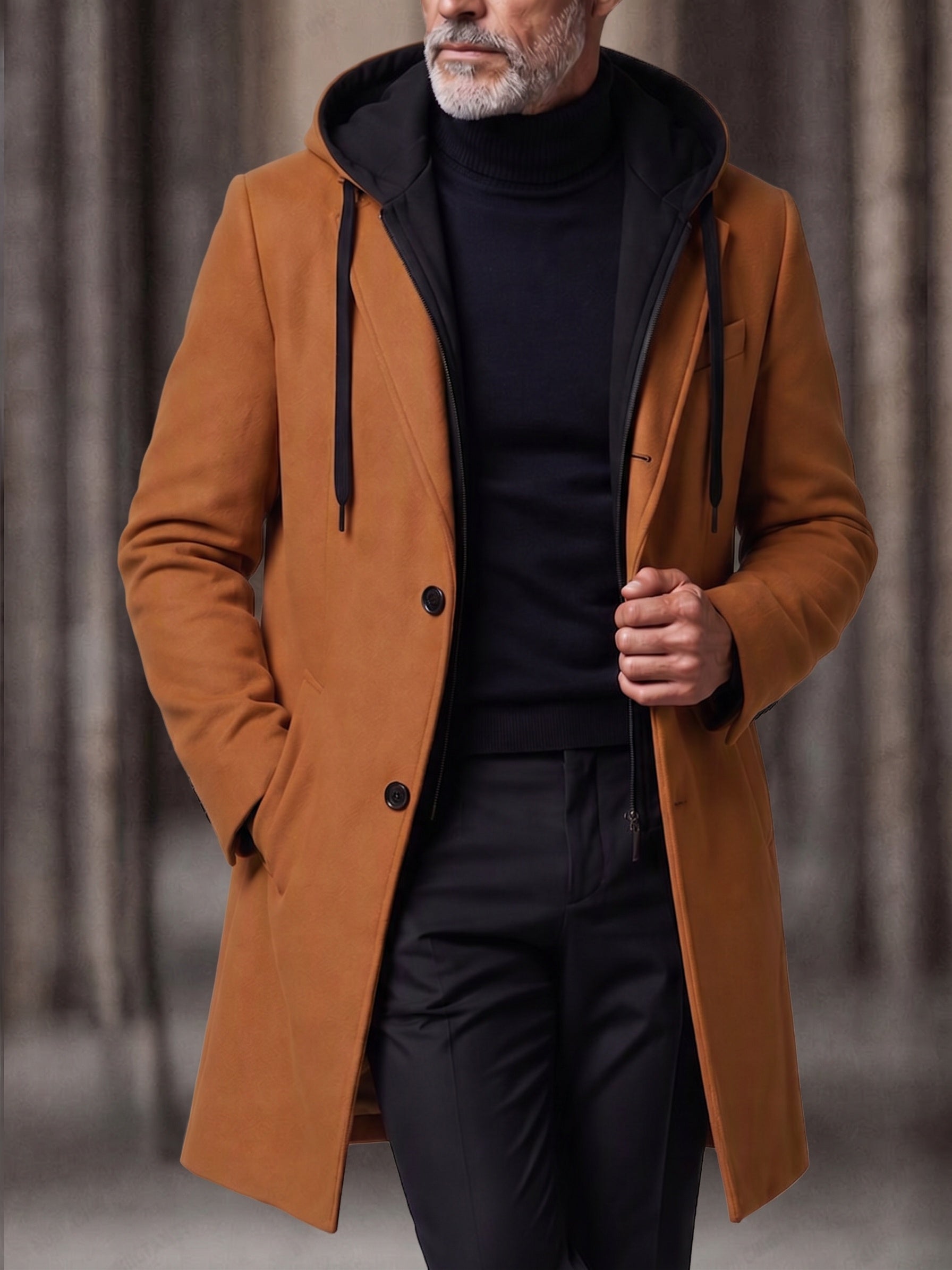 Faux Two-Piece Hooded Wool Blend Overcoat - Camel