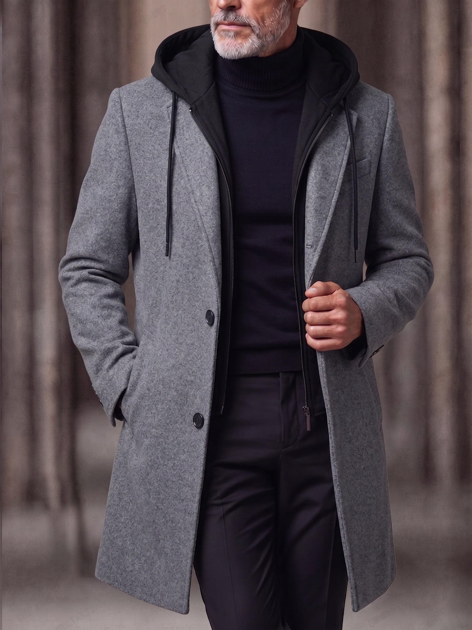 Faux Two-Piece Hooded Wool Blend Overcoat - Gray