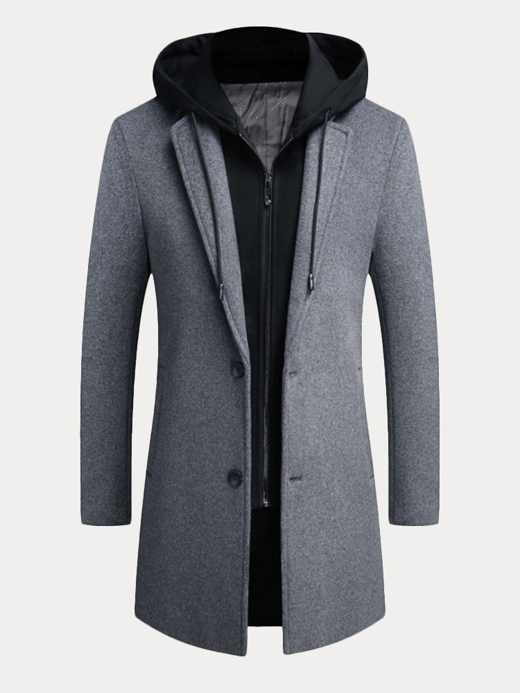 Faux Two-Piece Hooded Wool Blend Overcoat - Gray