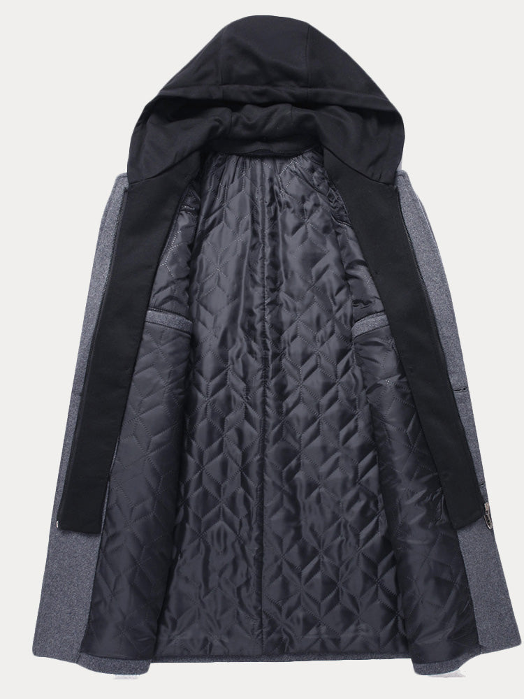 Faux Two-Piece Hooded Wool Blend Overcoat - Gray