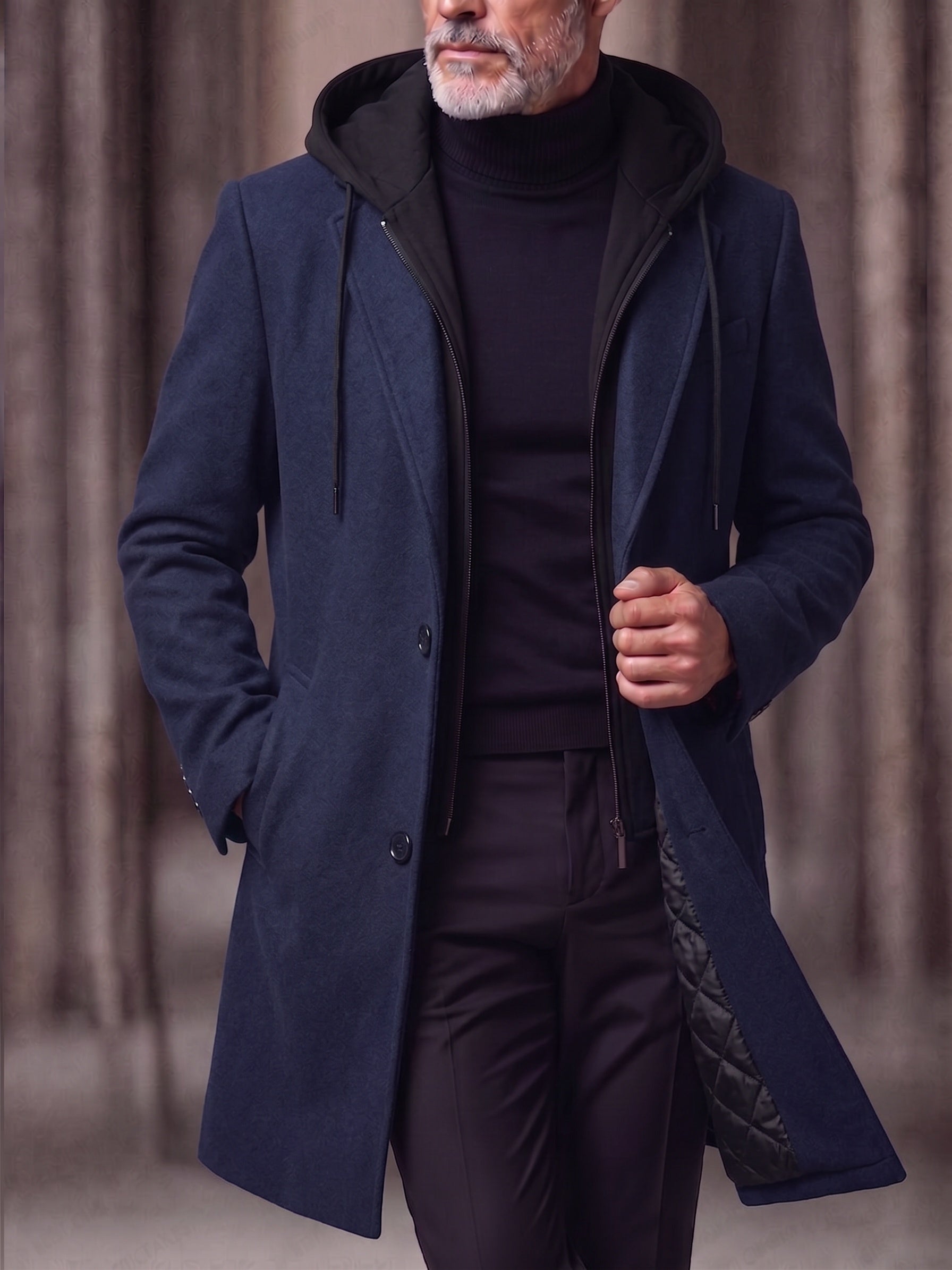 Faux Two-Piece Hooded Wool Blend Overcoat - Navy Blue