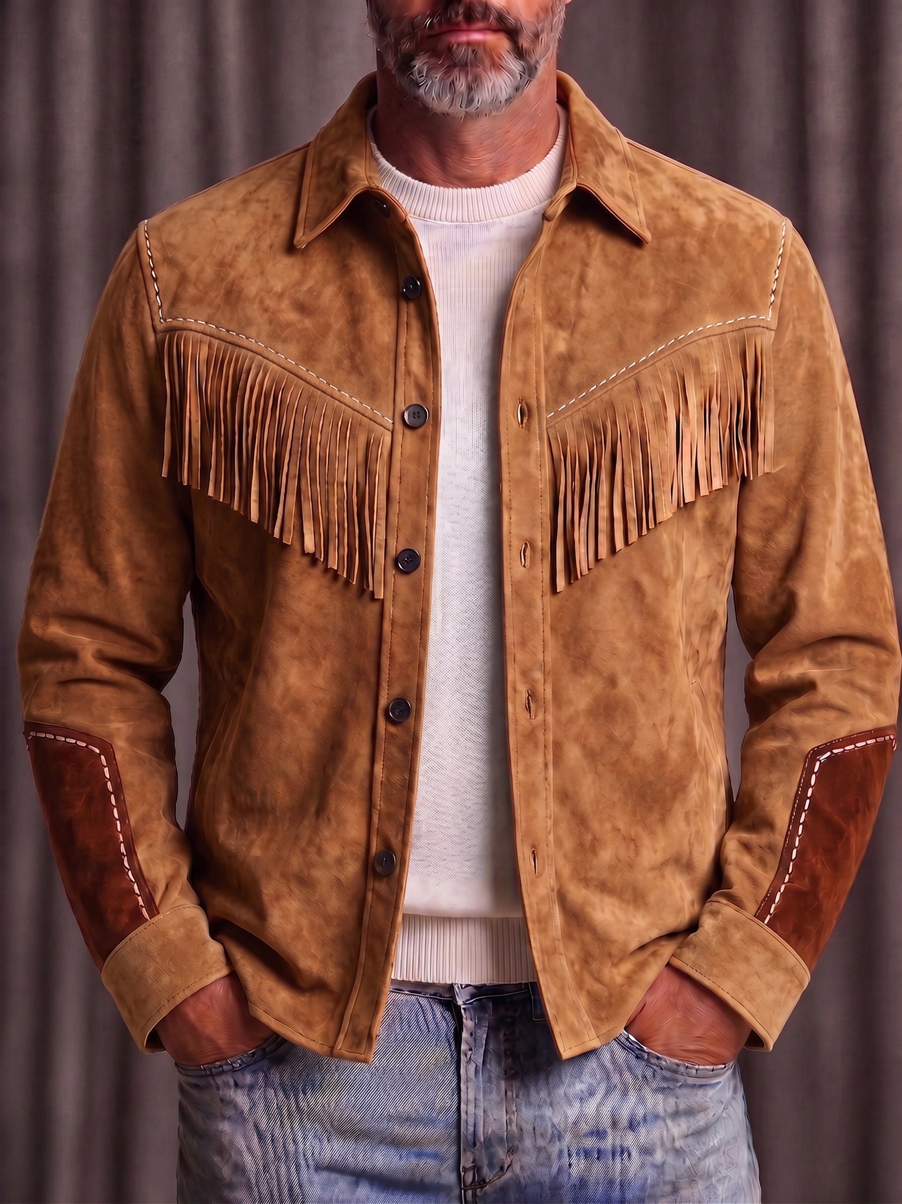Western Suede-Look Color Block Button-Up Coat - Light Brown