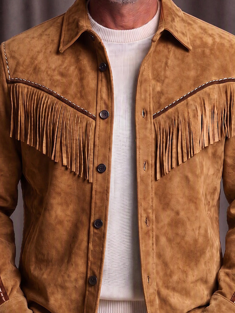 Western Suede-Look Color Block Button-Up Coat - Light Brown