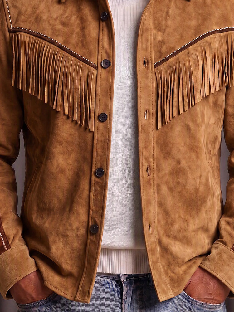 Western Suede-Look Color Block Button-Up Coat - Light Brown